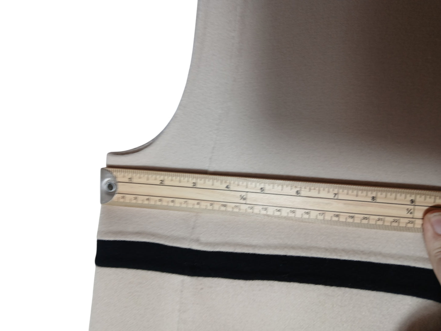 Department Store UK pre-loved 'S Max Mara beige pure wool dress with black trim detail being measured with a ruler