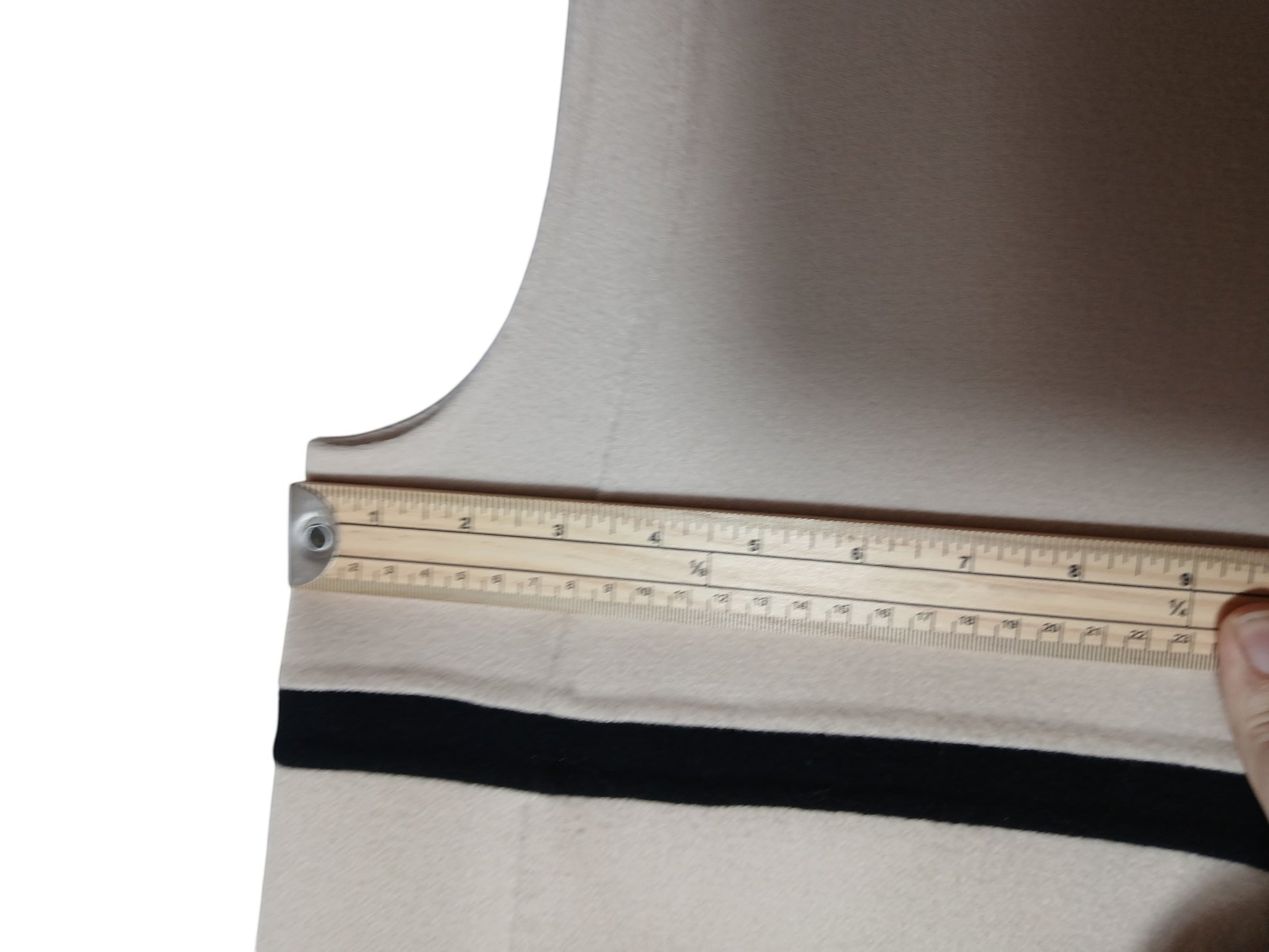 Department Store UK pre-loved 'S Max Mara beige pure wool dress with black trim detail being measured with a ruler
