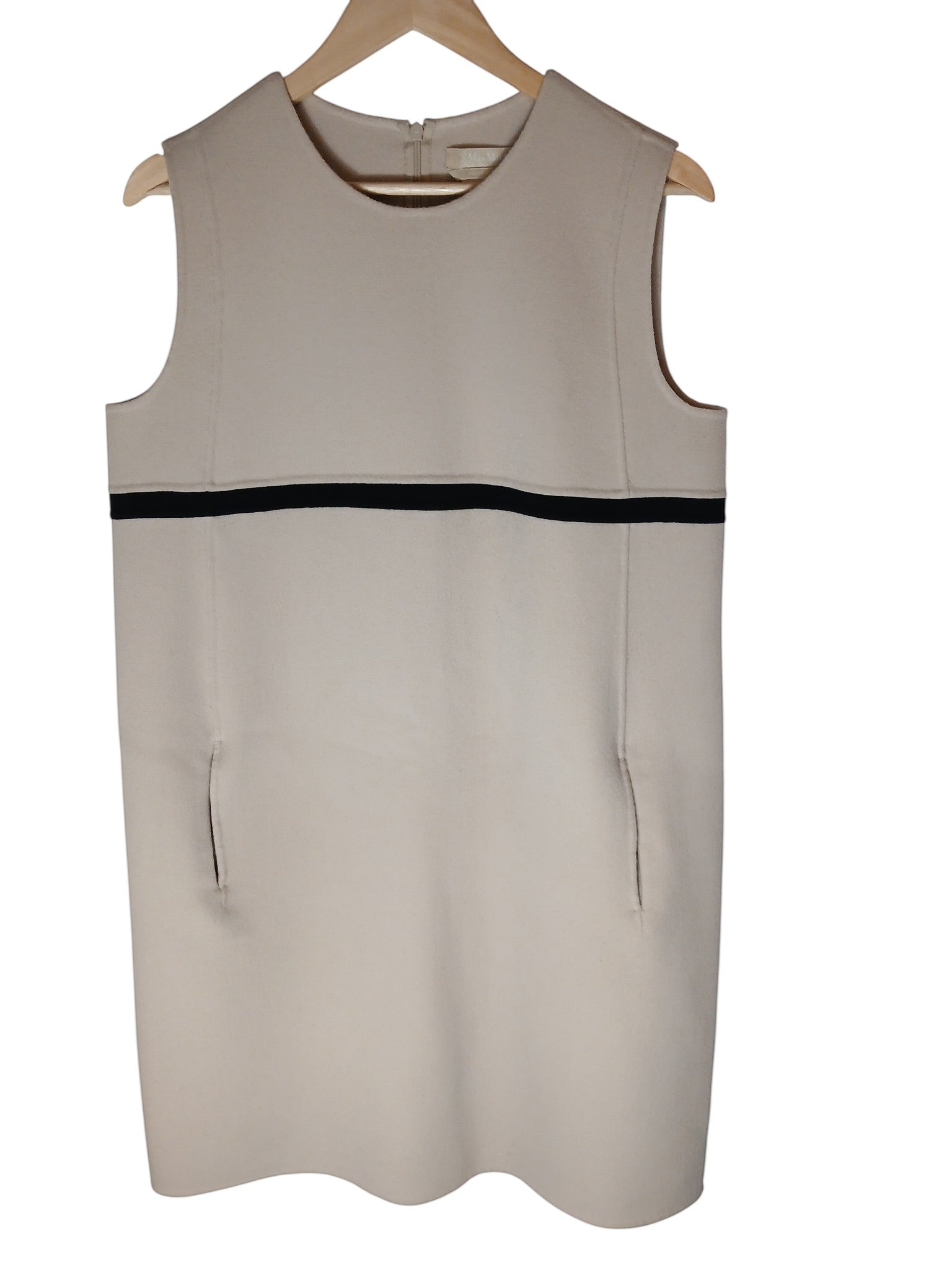 Department Store UK 'S Max Mara beige sleeveless pure wool dress with a black horizontal stripe and side pockets.