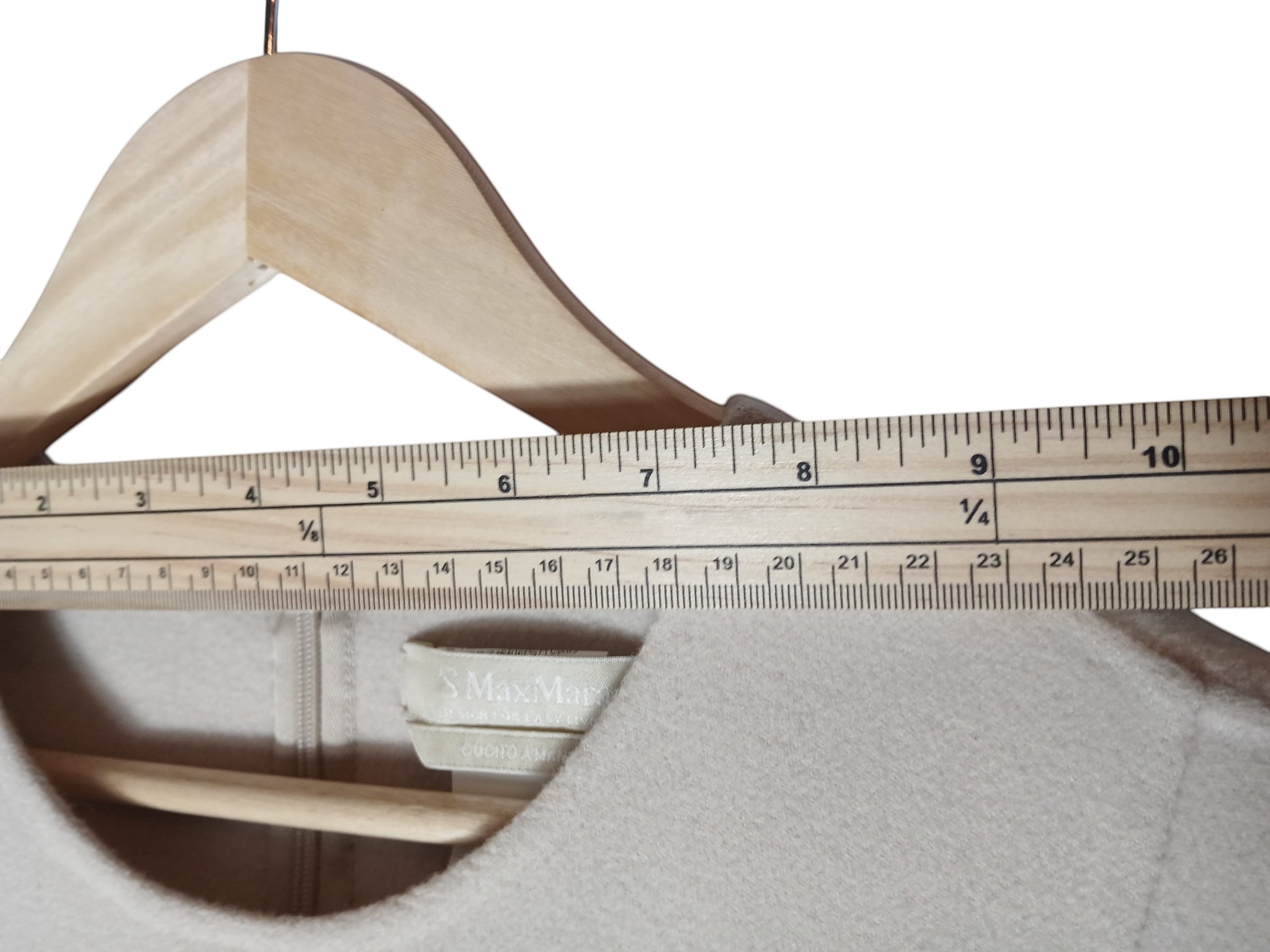 Department Store UK 'S Max Mara beige pure wool dress with size label visible on a wooden hanger