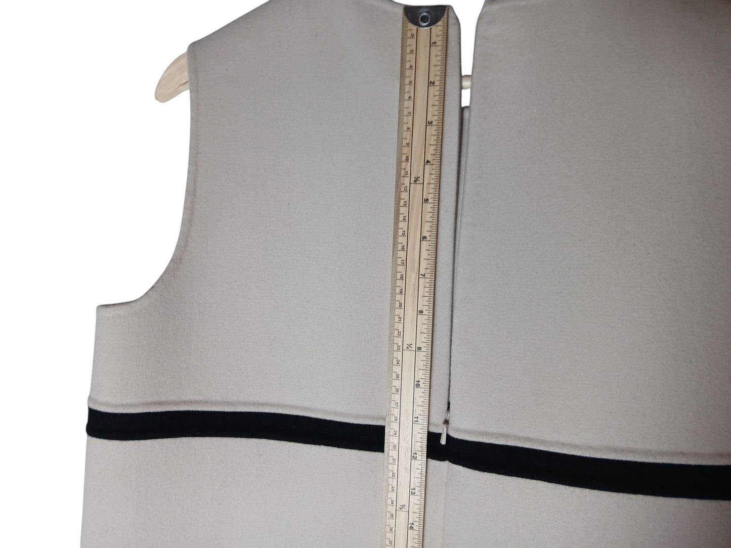Department Store UK pre-loved 'S Max Mara beige pure wool dress with black trim detail being measured