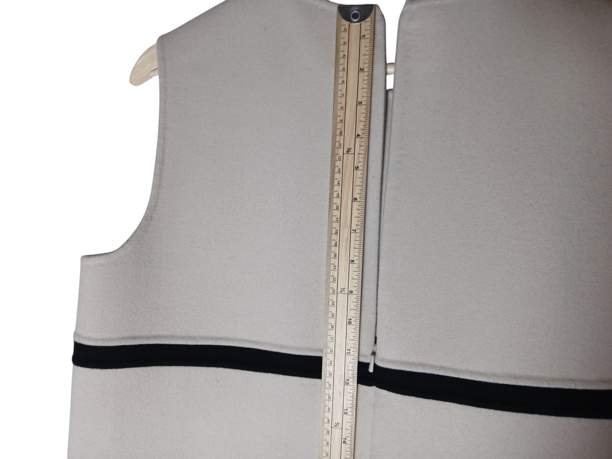 Department Store UK pre-loved 'S Max Mara beige pure wool dress with black trim detail being measured