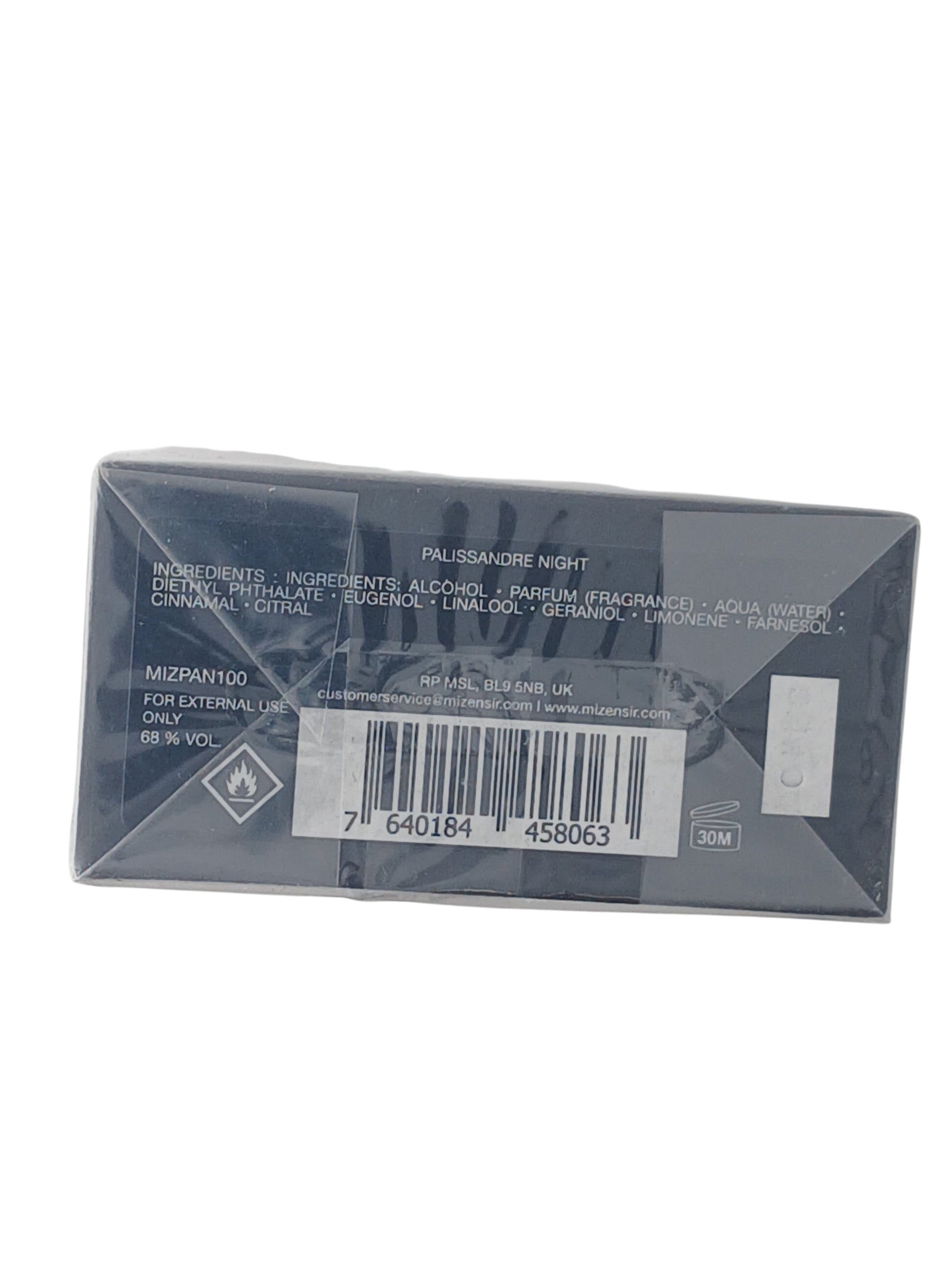 Department Store UK Mizensir Palissandre Night perfume box base with ingredient list and barcode
