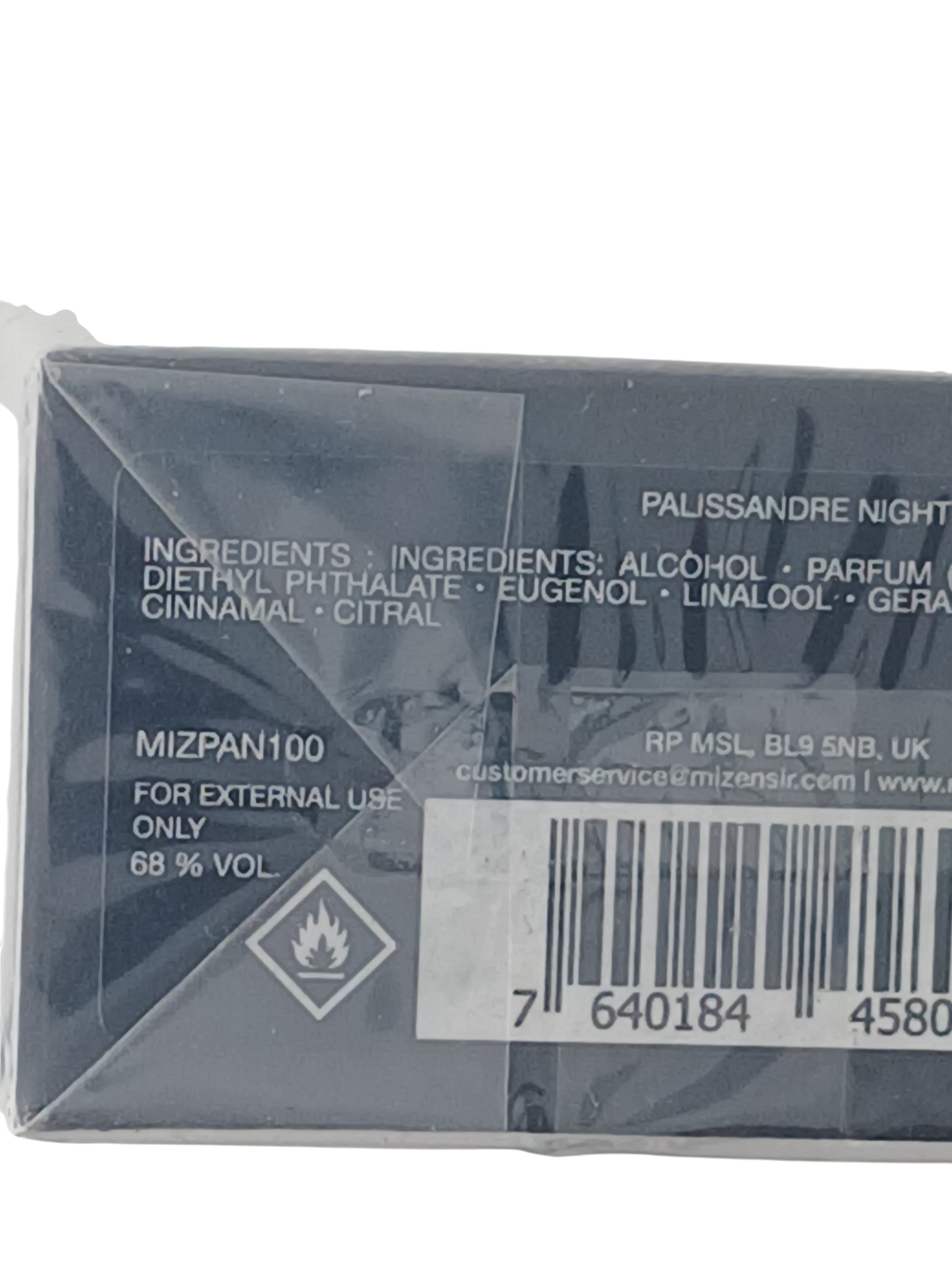 Department Store UK Mizensir Palissandre Night eau de parfum box back label with ingredients and barcode