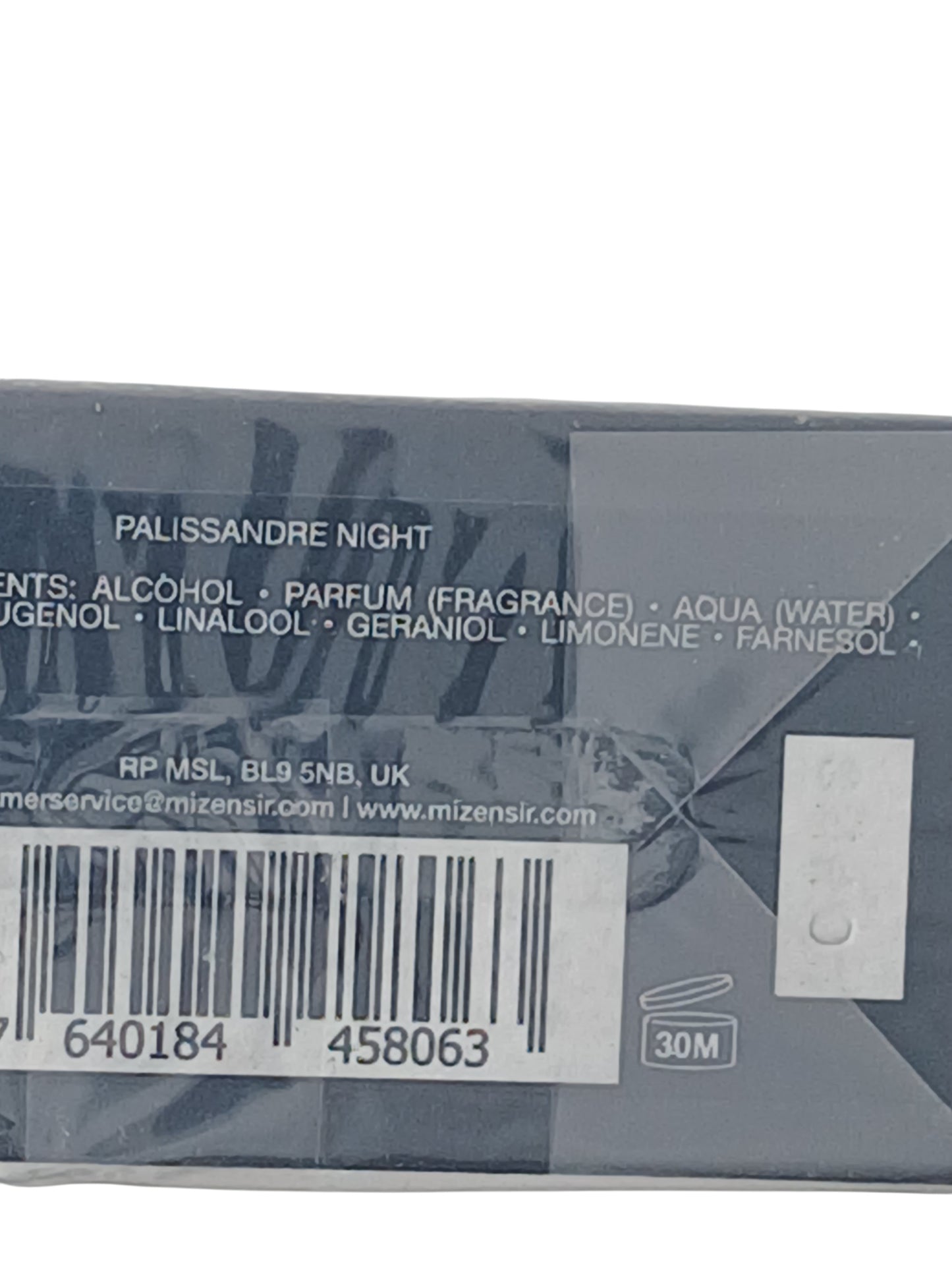 Department Store UK Mizensir Palissandre Night eau de parfum box label with ingredients and barcode
