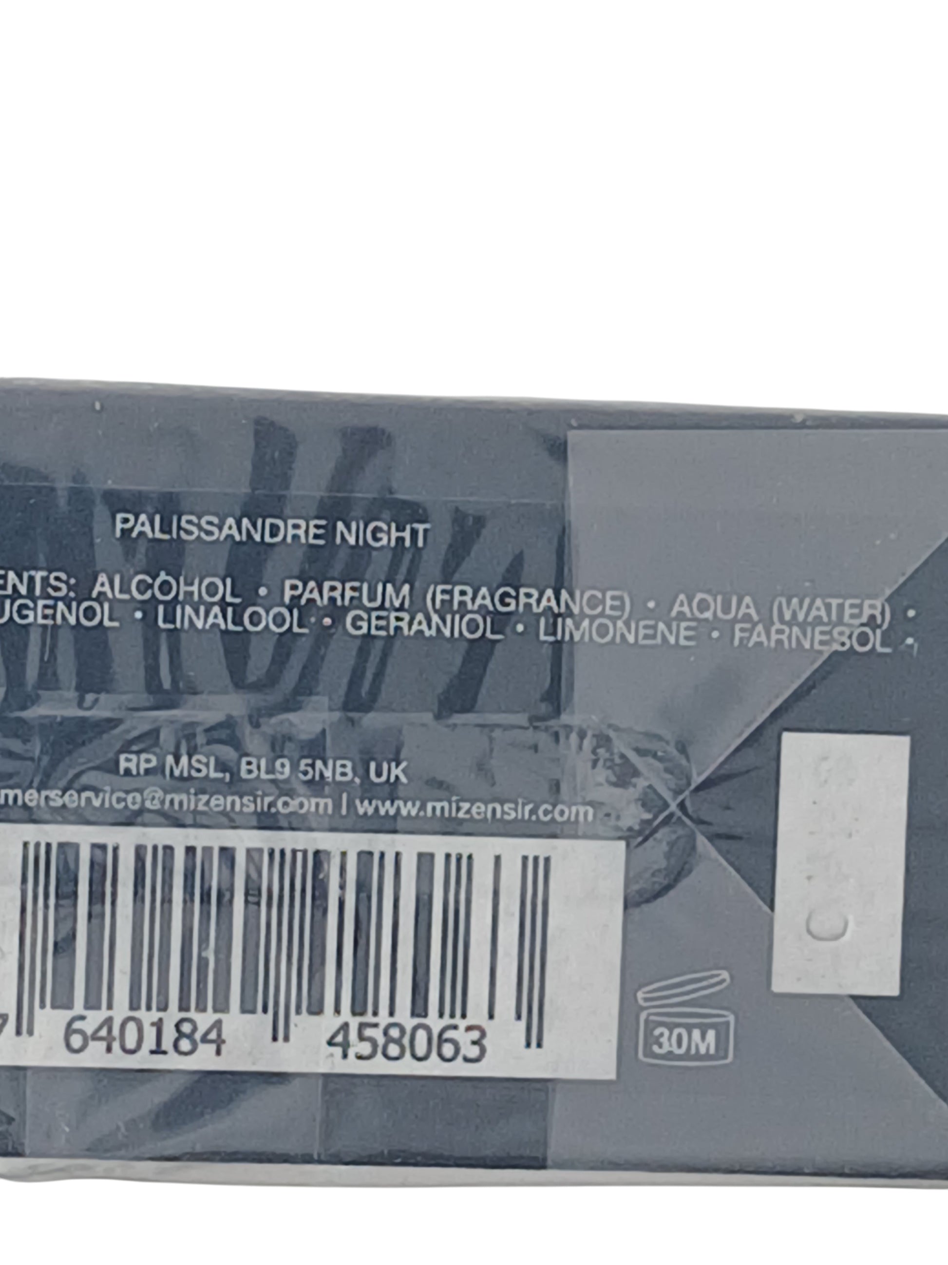 Department Store UK Mizensir Palissandre Night eau de parfum box label with ingredients and barcode