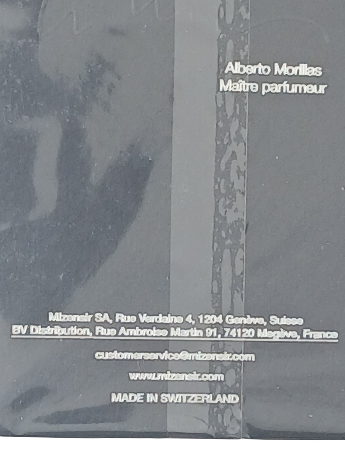 Department Store UK Mizensir Palissandre Night perfume box back label with Alberto Morillas signature details