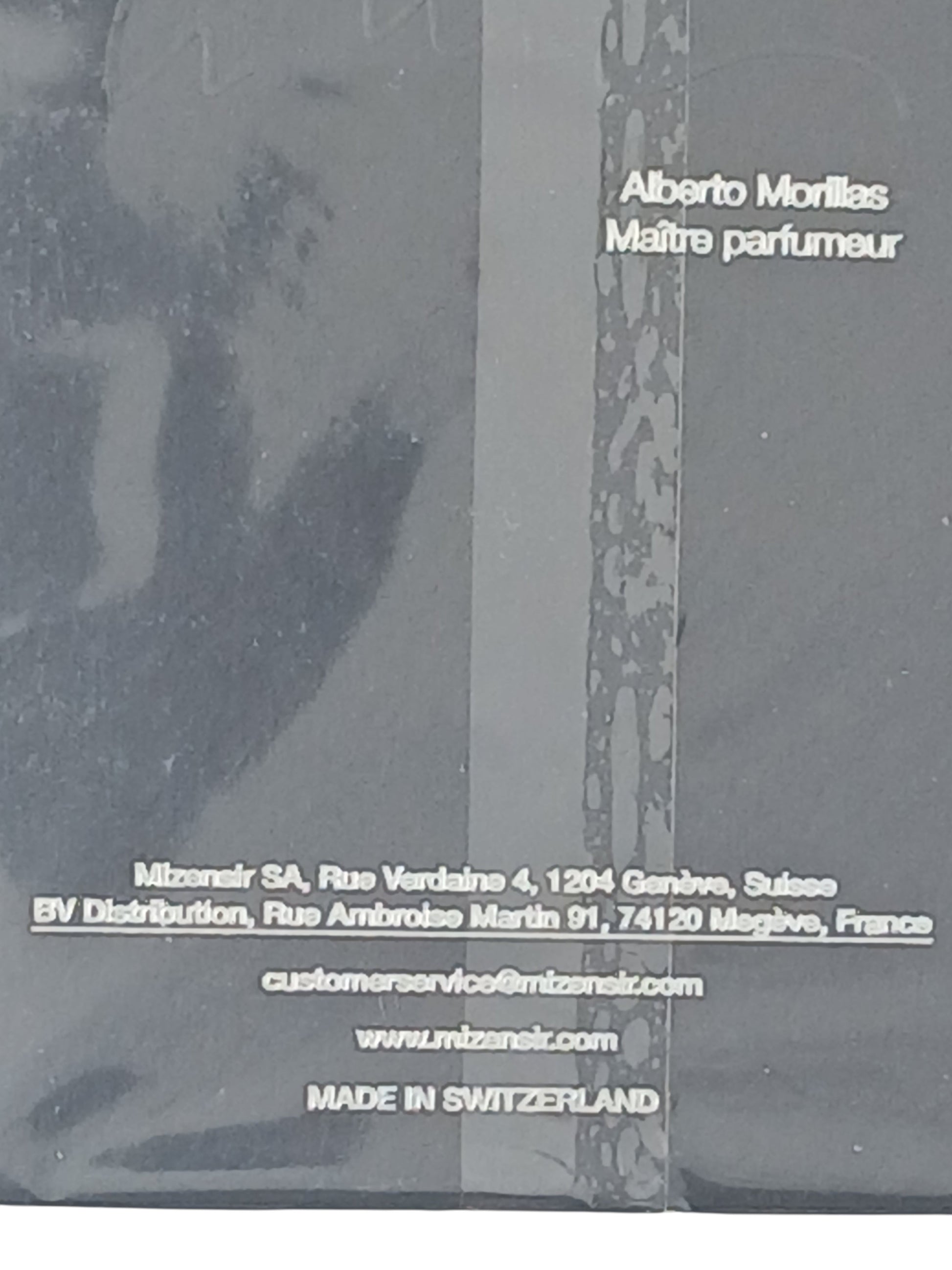 Department Store UK Mizensir Palissandre Night perfume box back label with Alberto Morillas signature details