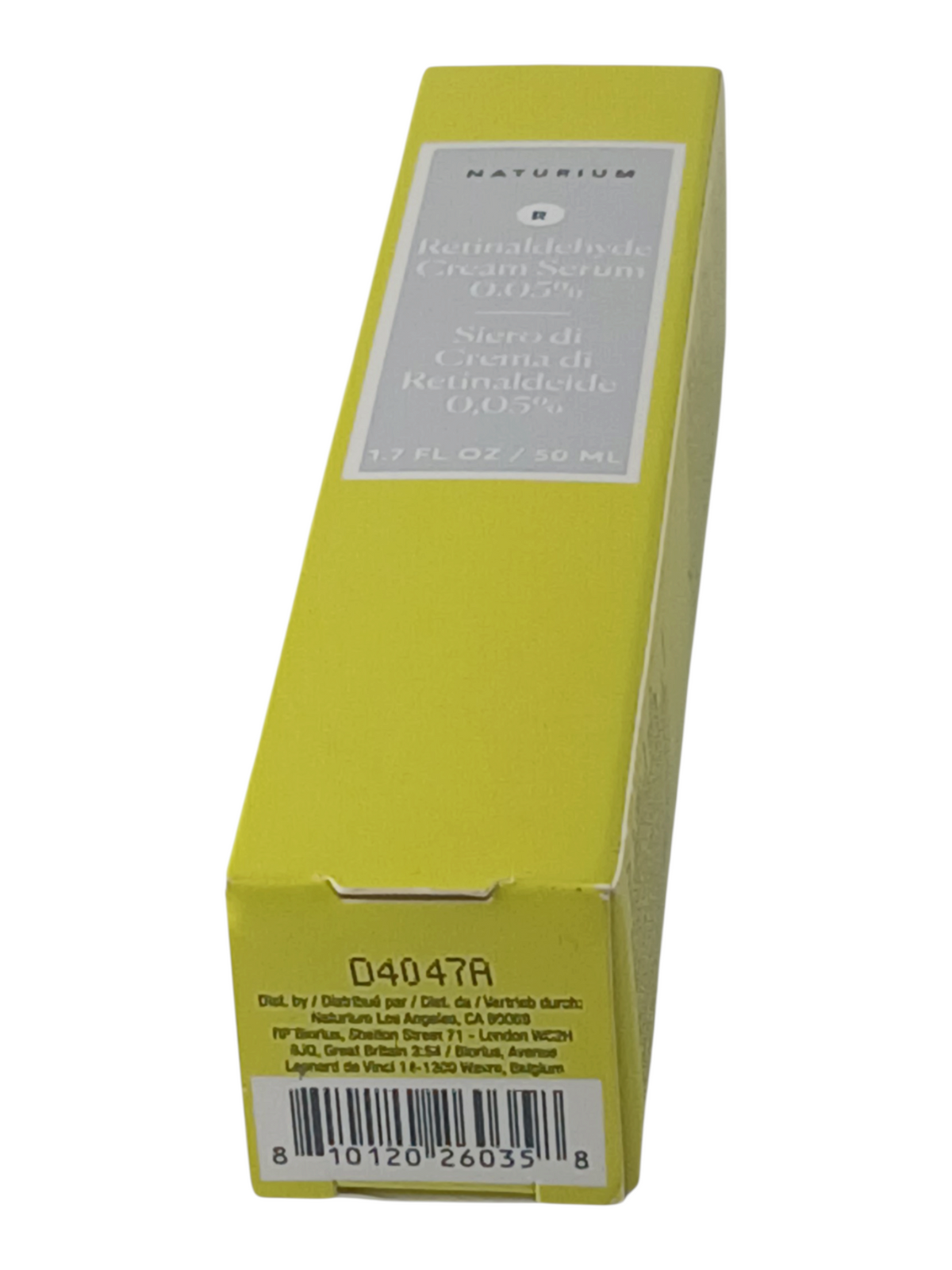 Department Store UK Naturium Retinaldehyde Cream Serum 0.05% in a lime green box, side view showing product details.