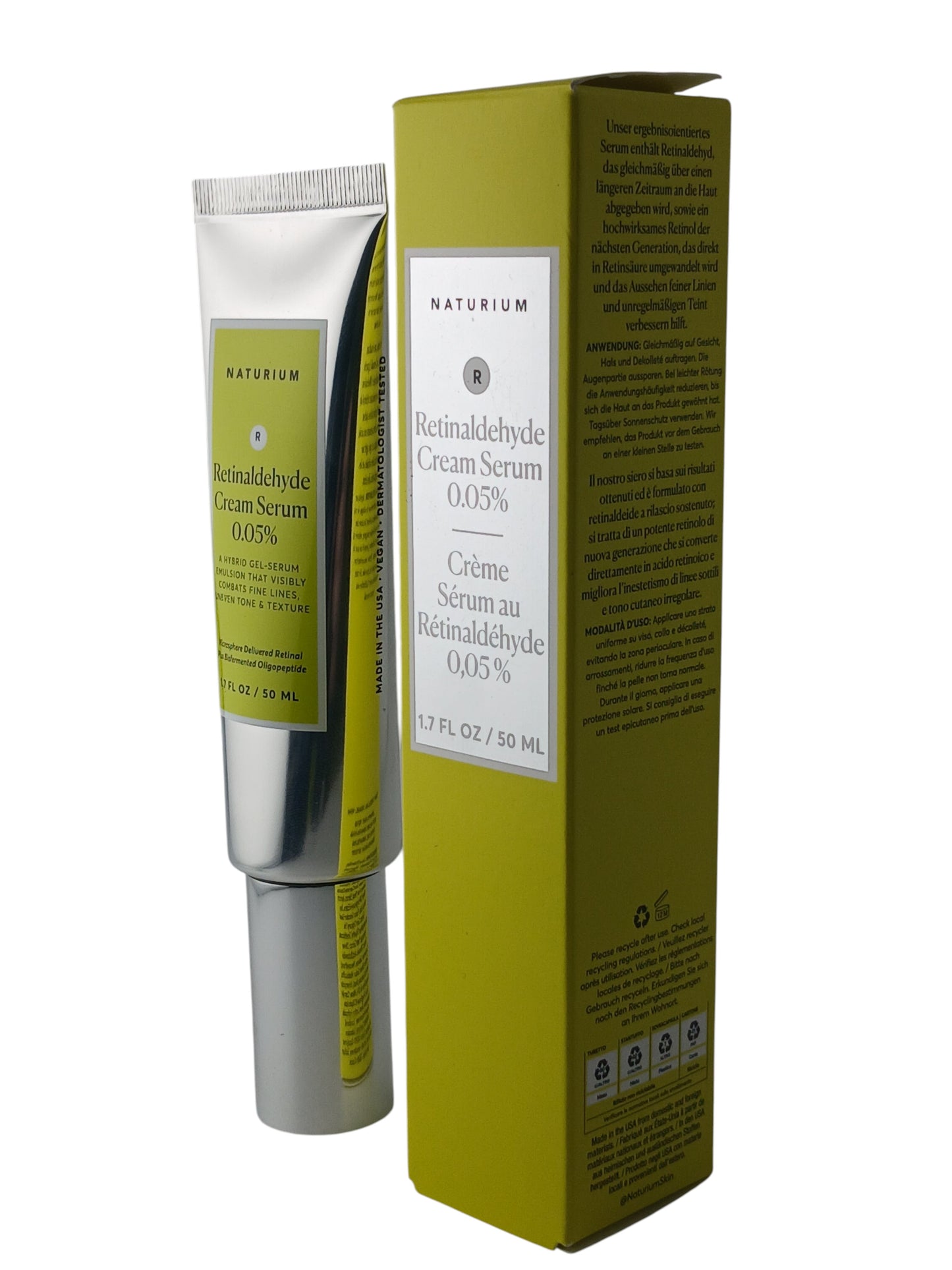 Department Store UK Naturium Retinaldehyde Cream Serum 0.05% in a white tube and lime green box for anti-ageing.
