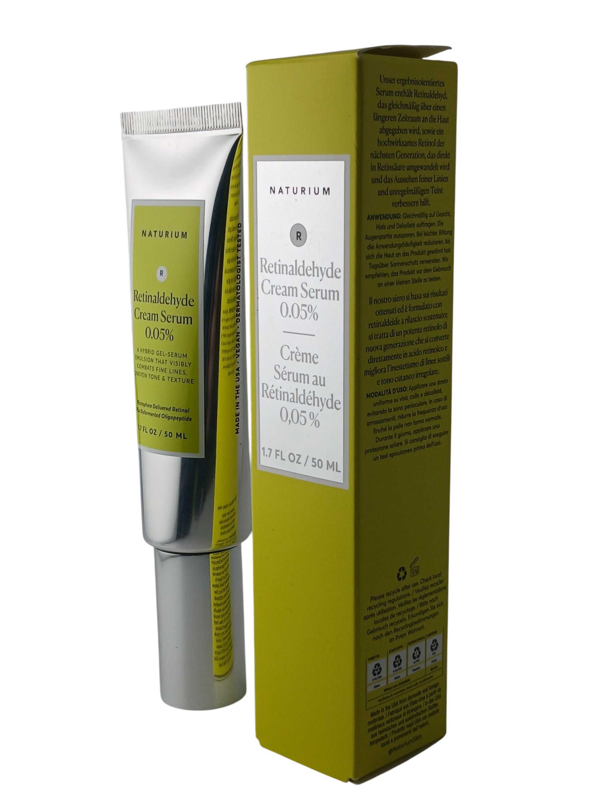 Department Store UK Naturium Retinaldehyde Cream Serum 0.05% in a white tube and lime green box for anti-ageing.