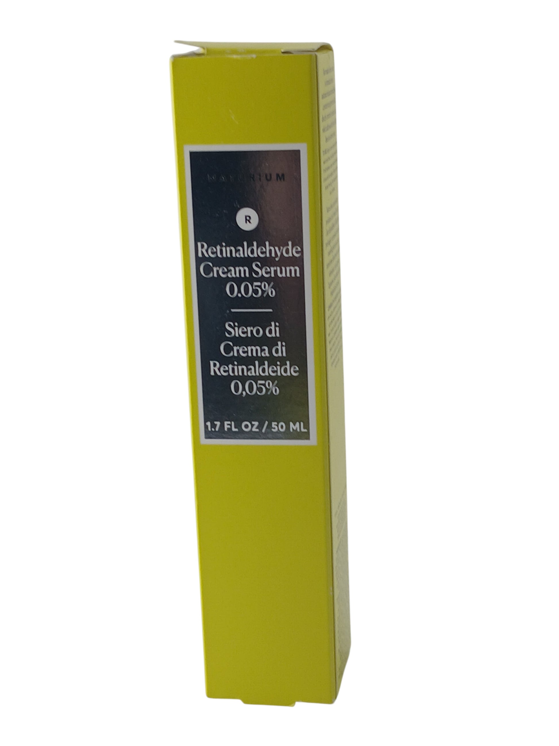 Department Store UK Naturium Retinaldehyde Cream Serum 0.05% in a bright yellow box for anti-ageing skincare.