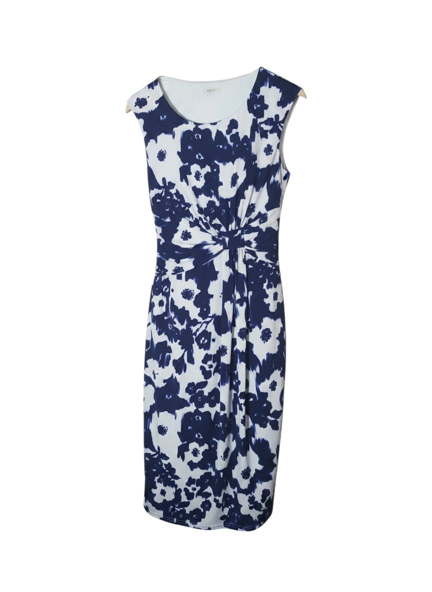 Department Store UK PRECIS PETITE navy and white floral print sleeveless dress with a flattering front knot detail.