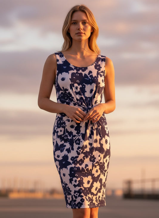 Department Store UK PRECIS PETITE navy and white floral print dress with front knot detail on a model at sunset.