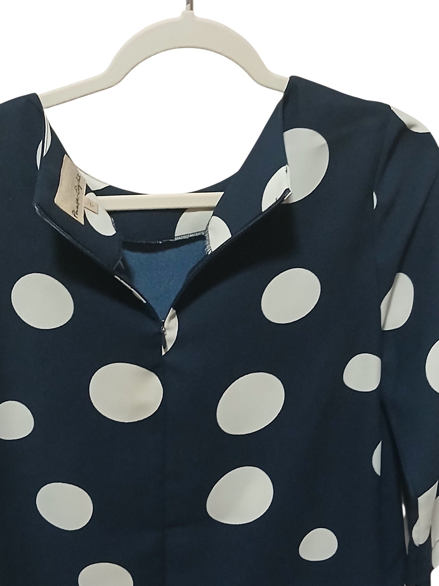 Department Store UK Phase Eight navy blue shift dress with oversized white polka dots and back zip detail