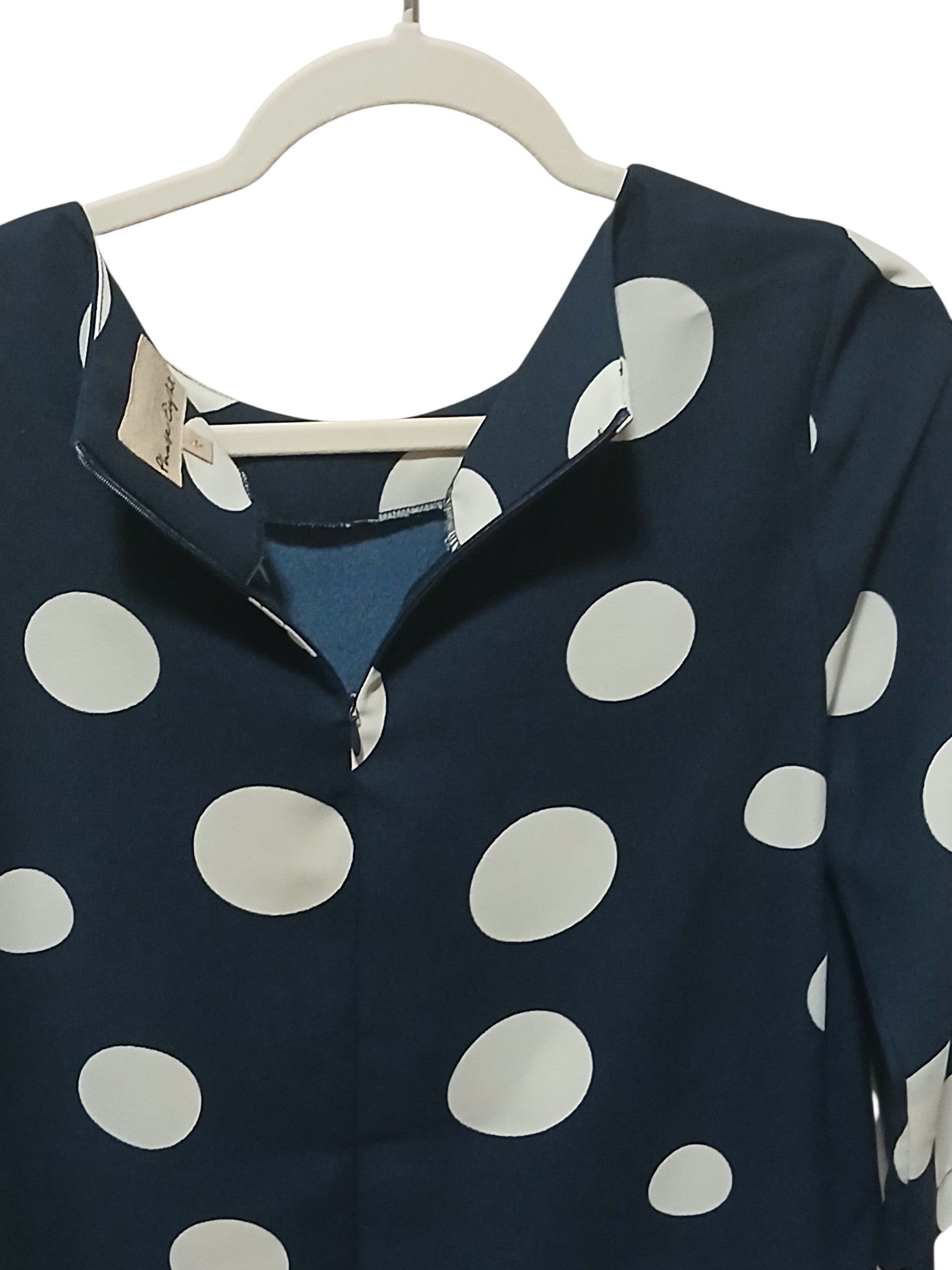 Department Store UK Phase Eight navy blue shift dress with oversized white polka dots and back zip detail