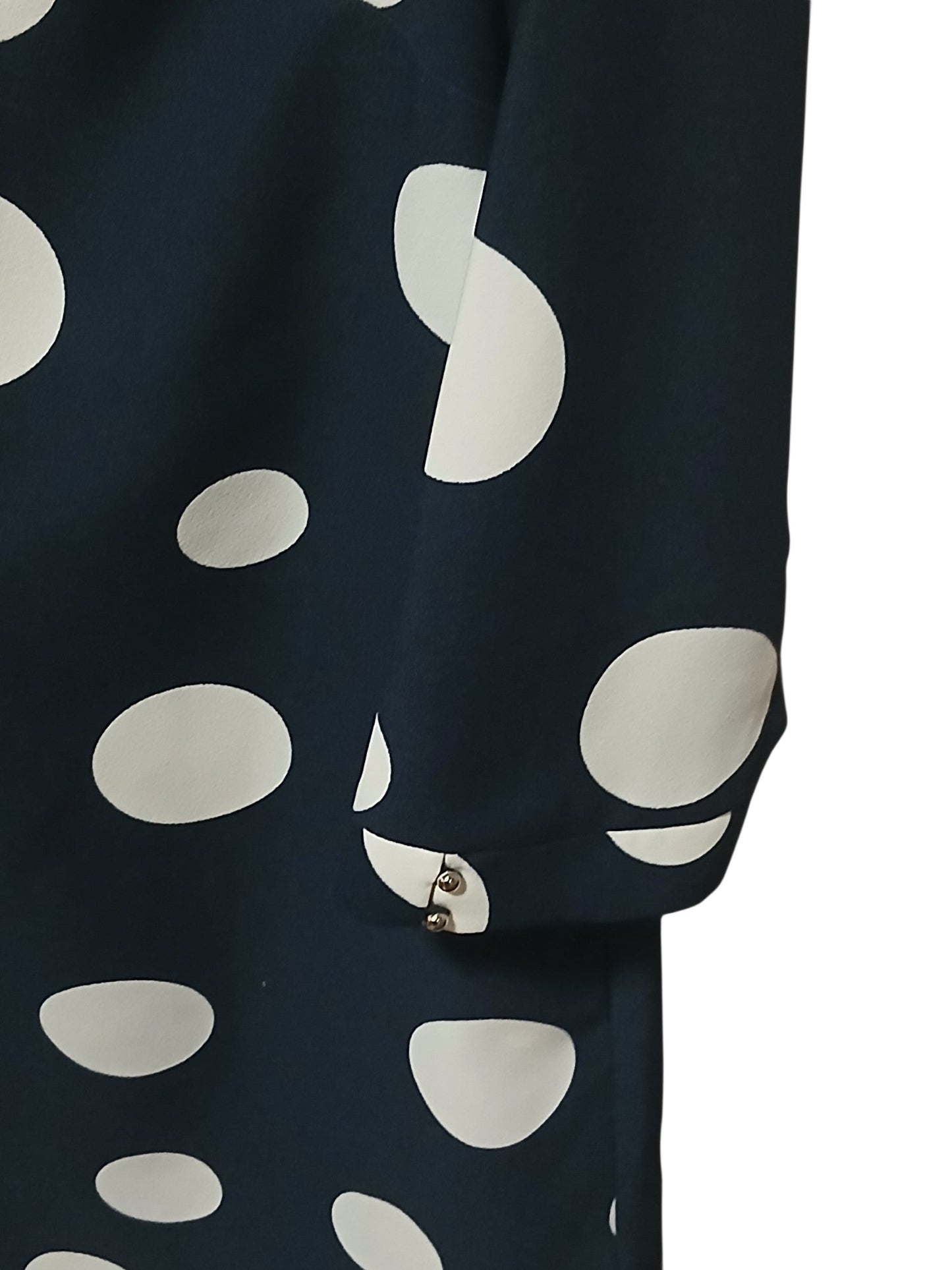 Department Store UK Phase Eight navy shift dress sleeve with white polka dots and metallic button cuff detail