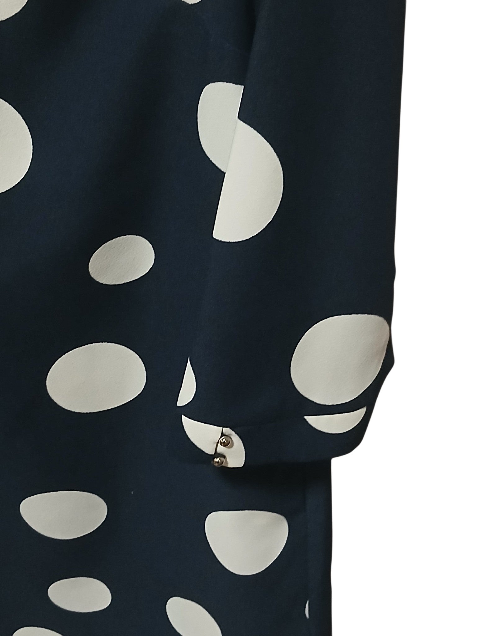 Department Store UK Phase Eight navy shift dress sleeve with white polka dots and metallic button cuff detail