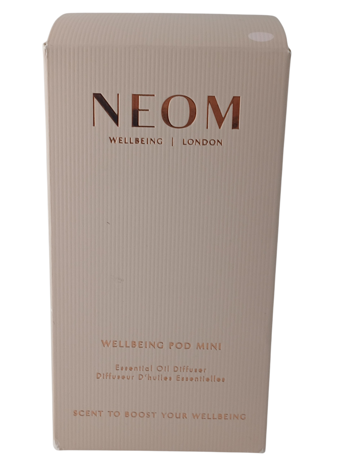 Department Store UK NEOM Wellbeing Pod Mini essential oil diffuser packaging in a soft blush tone