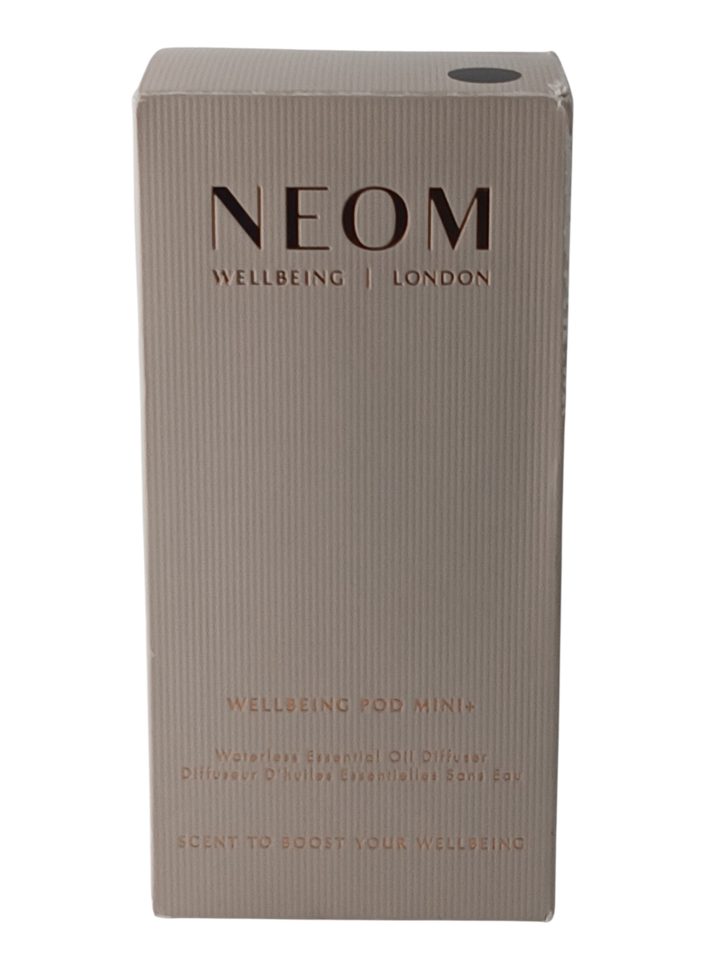 Department Store UK NEOM Wellbeing Pod Mini+ waterless essential oil diffuser packaging box in beige