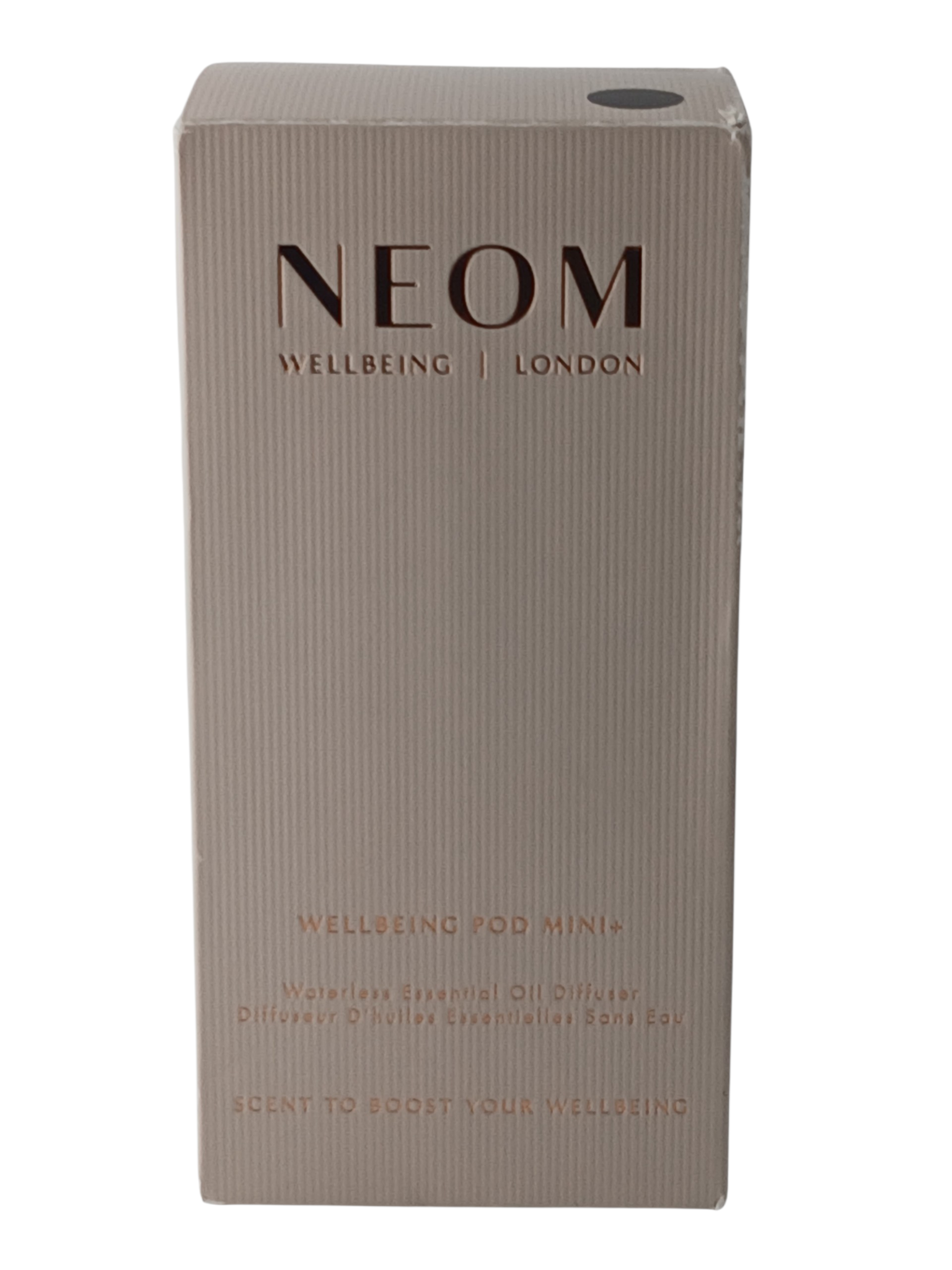Department Store UK NEOM Wellbeing Pod Mini+ waterless essential oil diffuser packaging box in beige