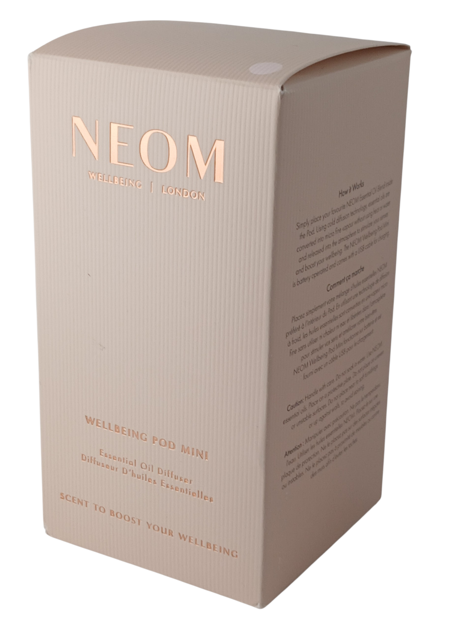 Department Store UK NEOM Wellbeing Pod Mini essential oil diffuser blush pink product packaging box