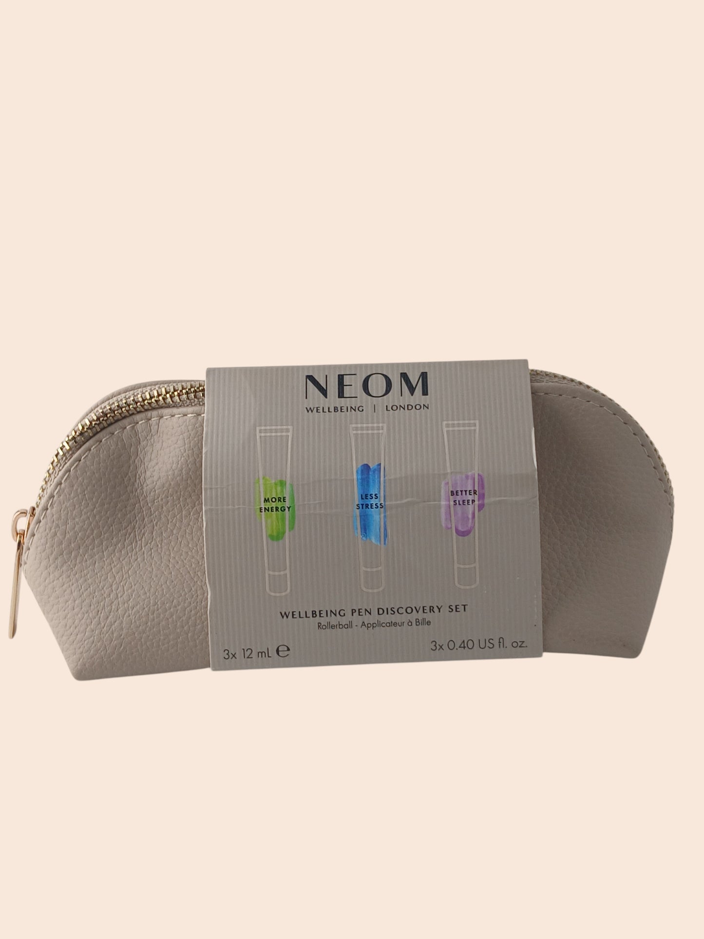 Department Store UK NEOM Wellbeing Pen Discovery Set in a beige travel pouch with three essential oil roll-on pens.