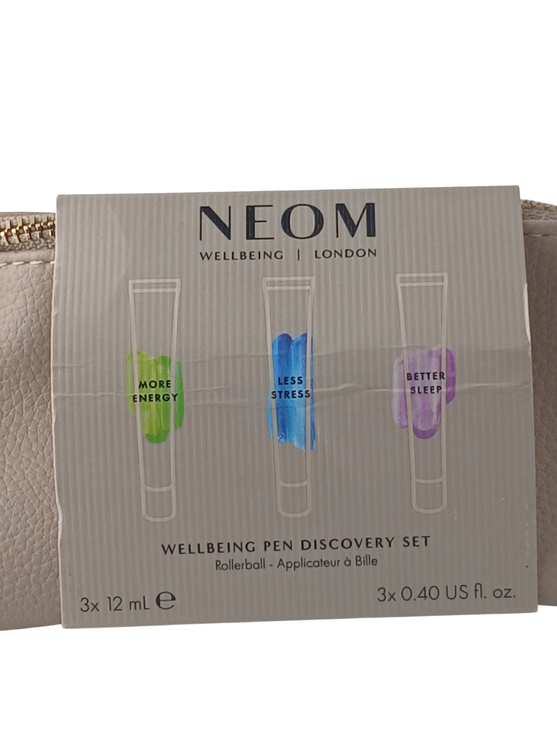 Department Store UK NEOM Wellbeing Pen Discovery Set featuring three essential oil roll-on fragrances in a gift box