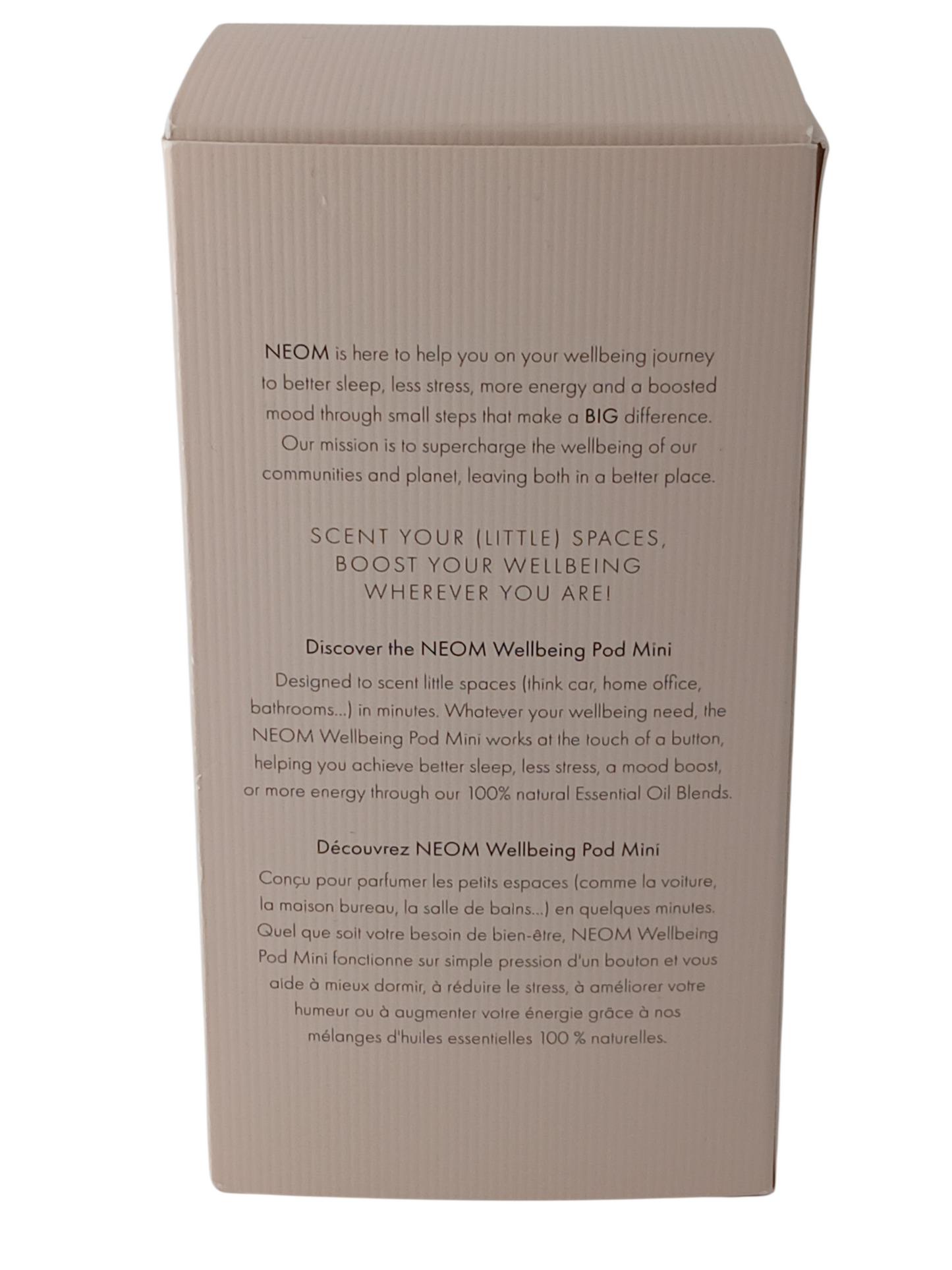 Department Store UK NEOM Wellbeing Pod Mini product packaging box with descriptive text in English and French