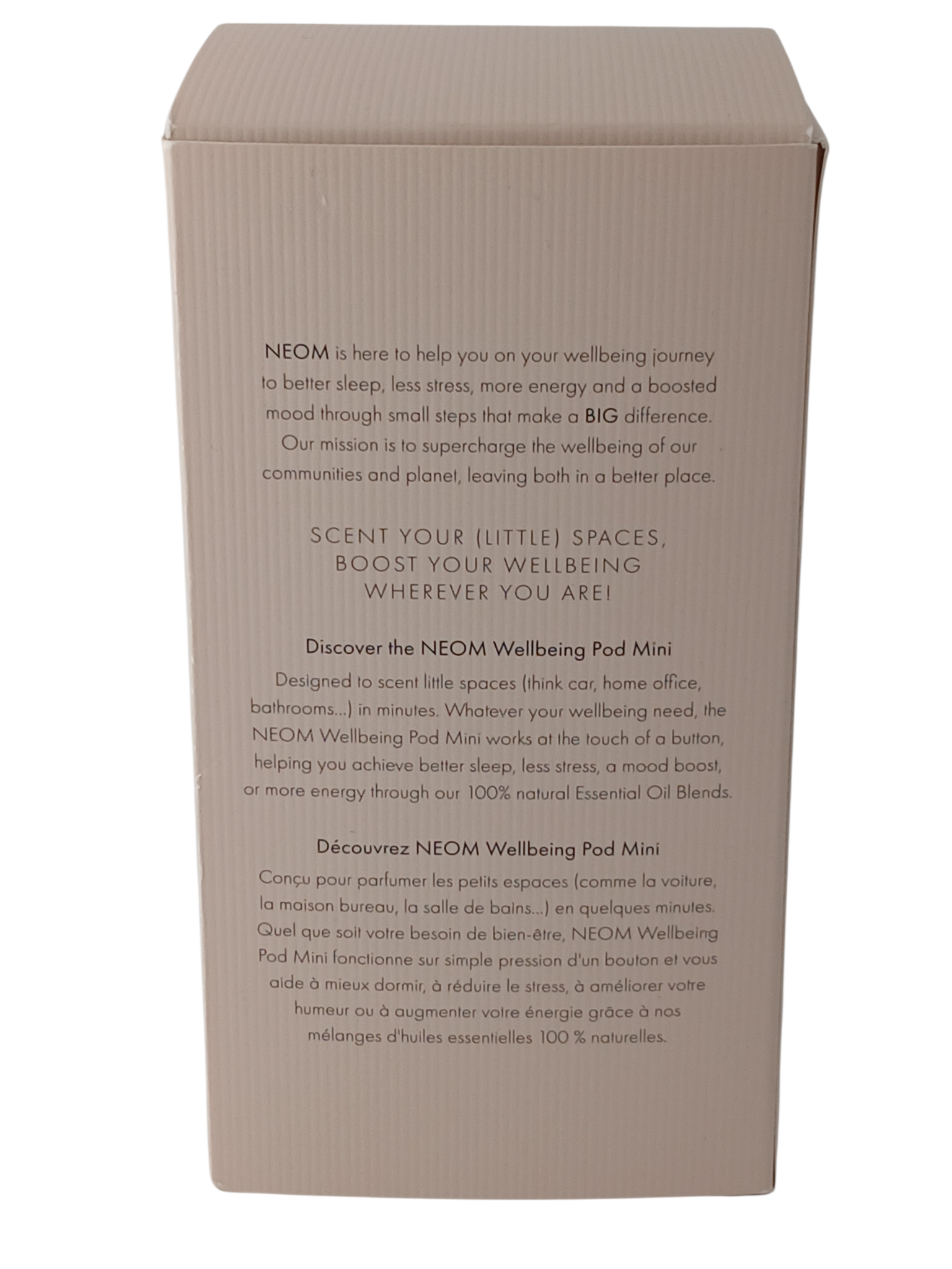 Department Store UK NEOM Wellbeing Pod Mini product packaging box with descriptive text in English and French