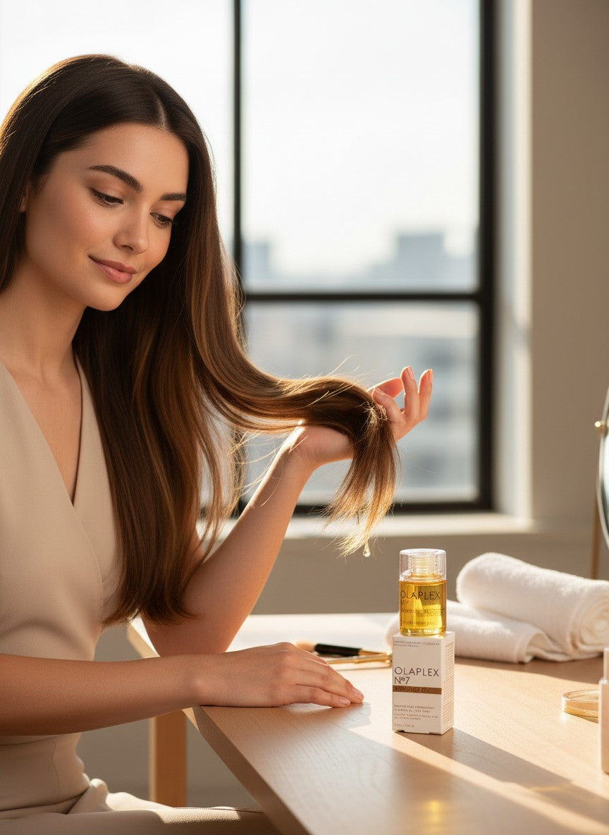 Department Store UK Olaplex No.7 Bonding Oil twin pack with a woman applying the hair treatment in a bright room.