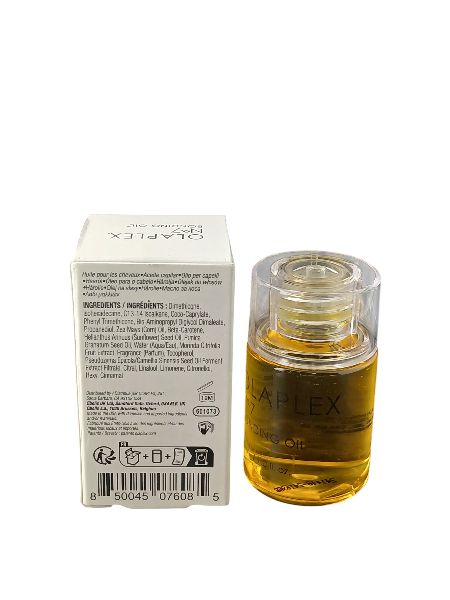 Department Store UK Olaplex No.7 Bonding Oil bottle and product box showing ingredients and usage instructions