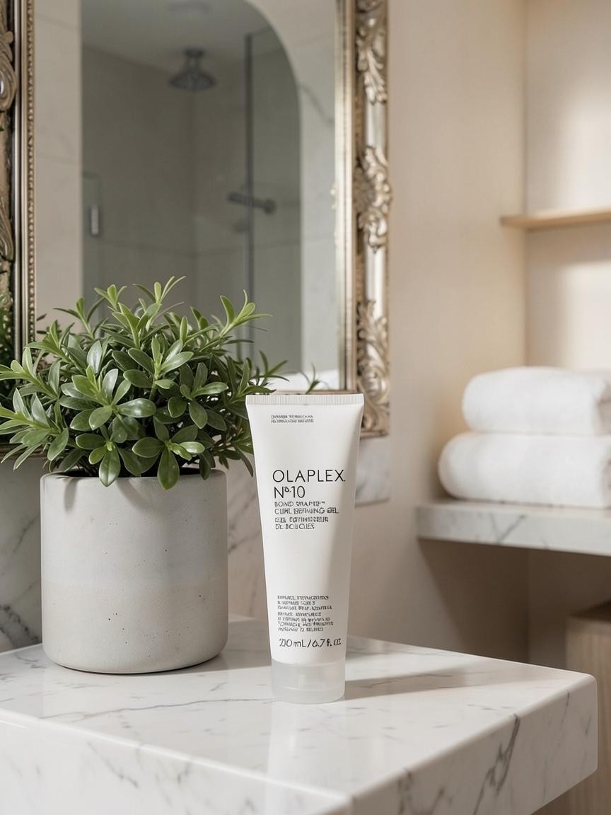 Department Store UK OLAPLEX No.10 Bond Shaper Curl Defining Gel tube on a marble bathroom counter next to a potted plant.