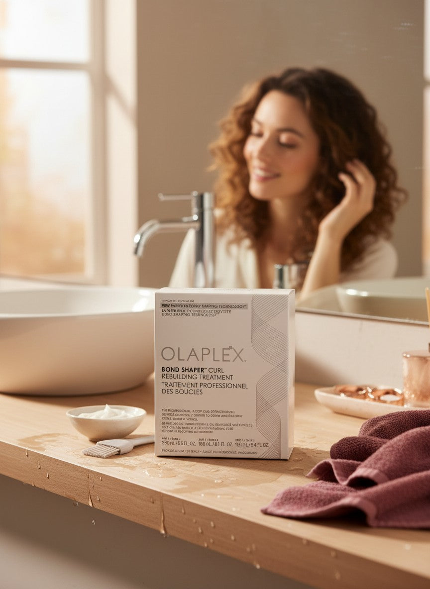 Department Store UK Olaplex Bond Shaper 3-Step Curl Rebuilding Treatment kit on a bathroom counter with a curly woman