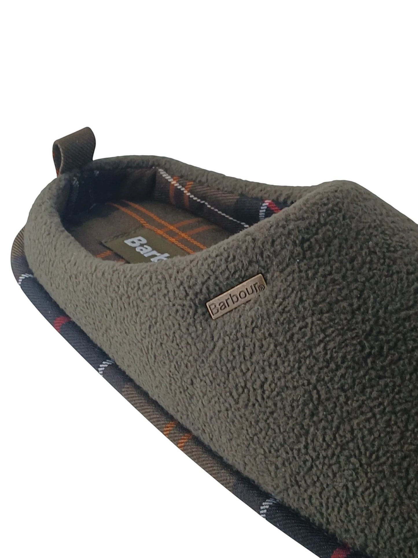 Department Store UK olive green fleece mule slippers with tartan lining and metal Barbour logo badge