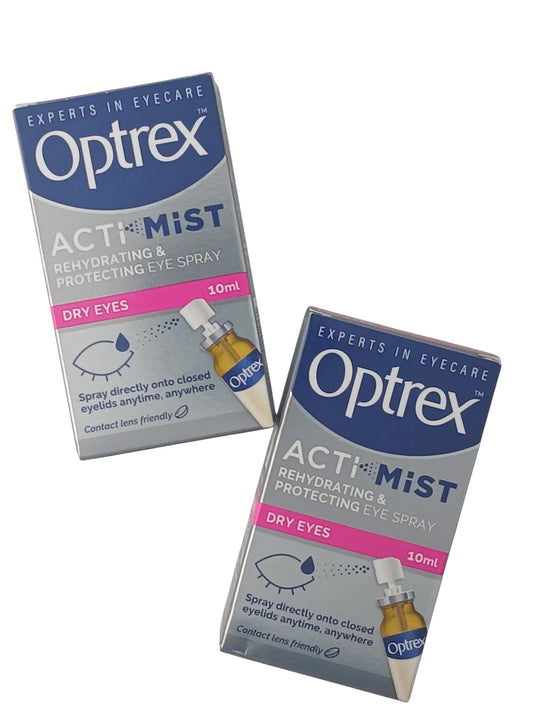 Department Store UK Optrex ActiMist Rehydrating Eye Spray twin pack for dry and irritated eyes in 10ml bottles.