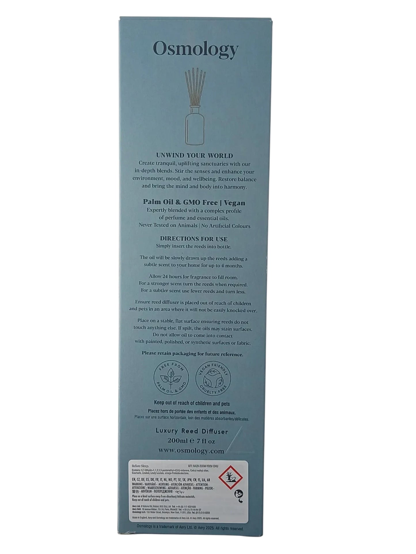 Department Store UK Osmology Before Sleep reed diffuser packaging back view with product information and instructions