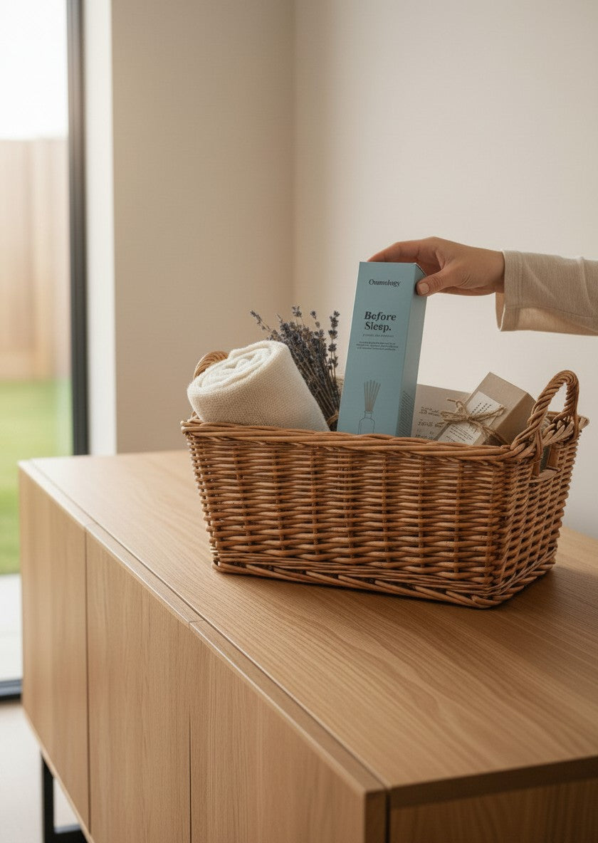 Department Store UK Osmology Before Sleep reed diffuser in a wicker basket with a soft blanket and dried lavender.