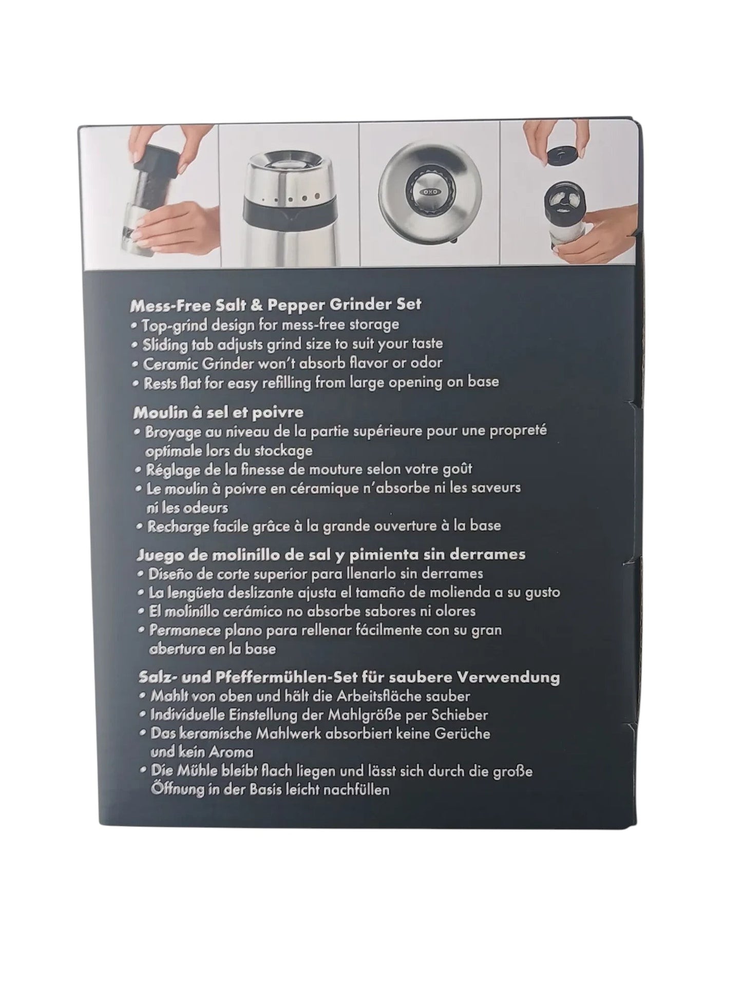 Department Store UK OXO Good Grips salt and pepper grinder set packaging showing features and usage instructions