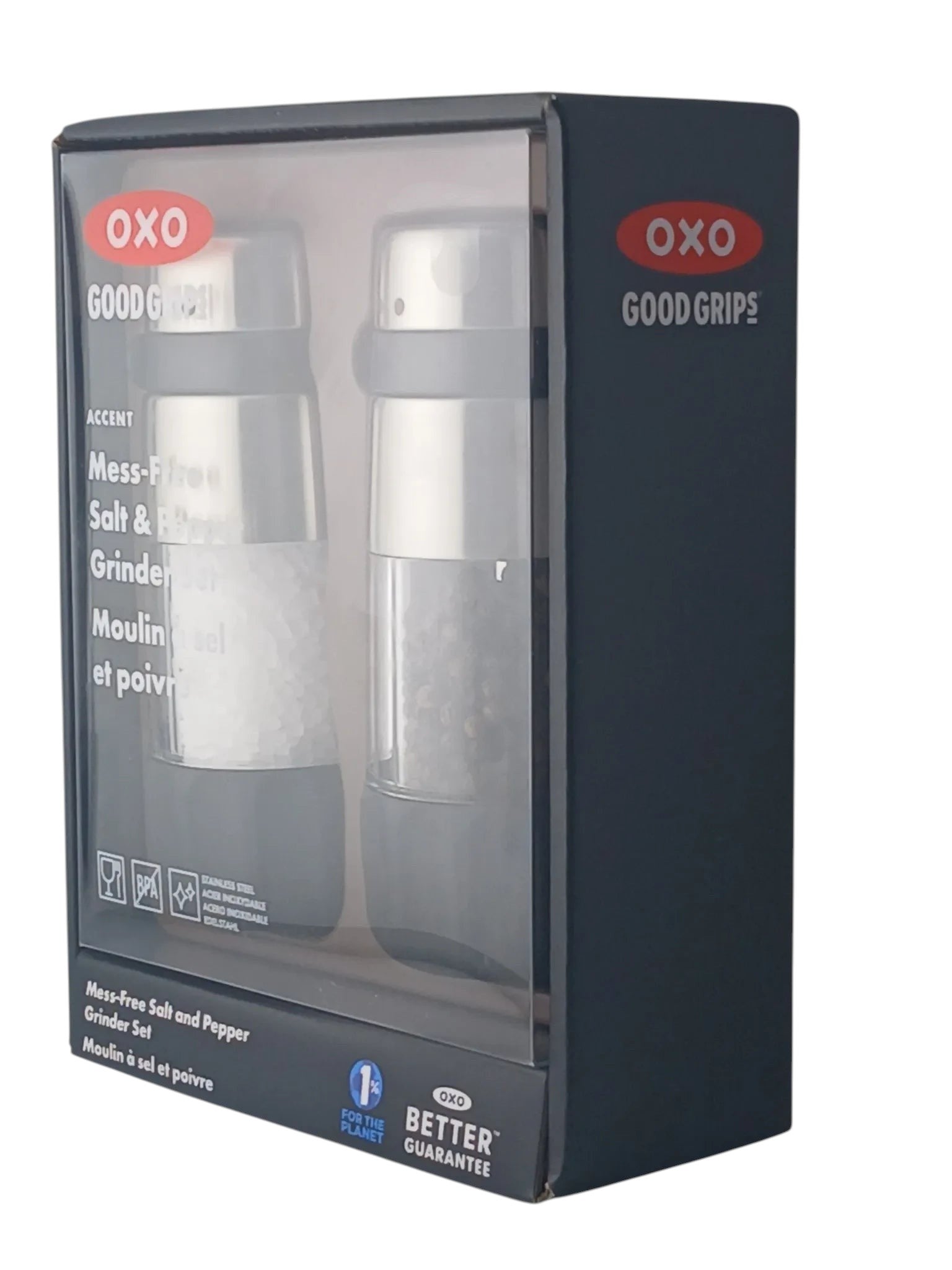 Department Store UK OXO Good Grips stainless steel salt and pepper grinder set in retail packaging
