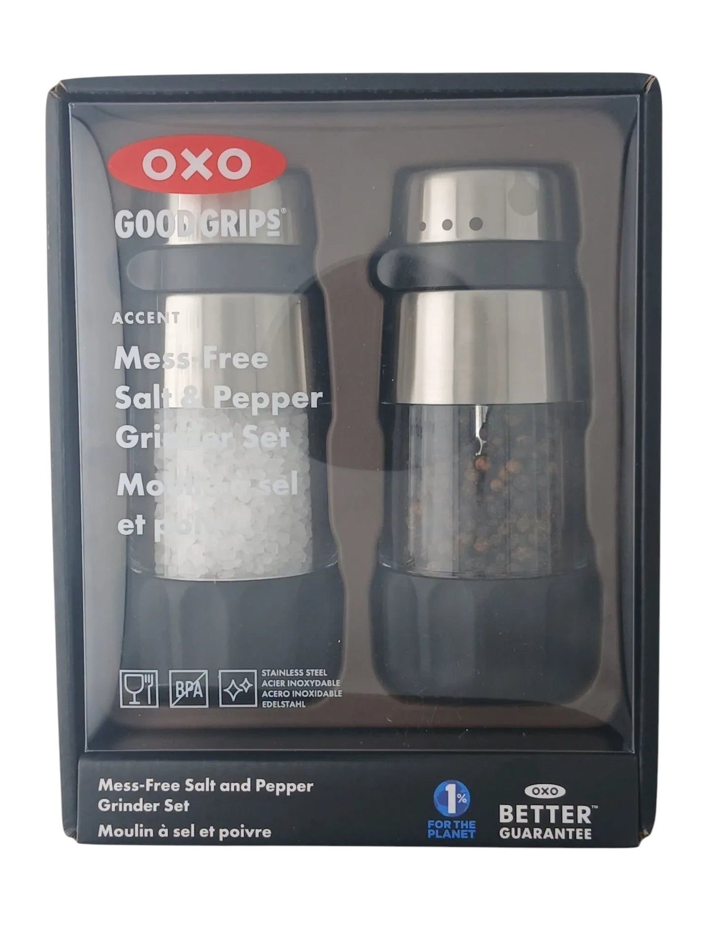 Department Store UK OXO Good Grips mess-free salt and pepper grinder set in stainless steel and clear acrylic packaging.