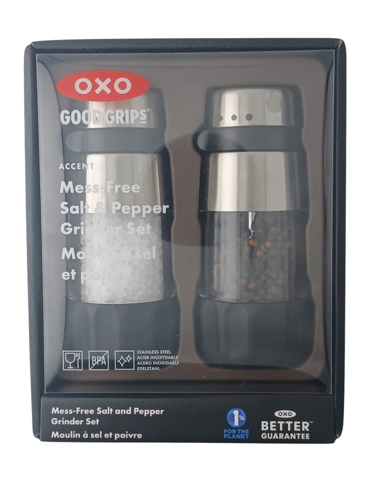 Department Store UK OXO Good Grips mess-free salt and pepper grinder set in stainless steel and clear acrylic packaging.