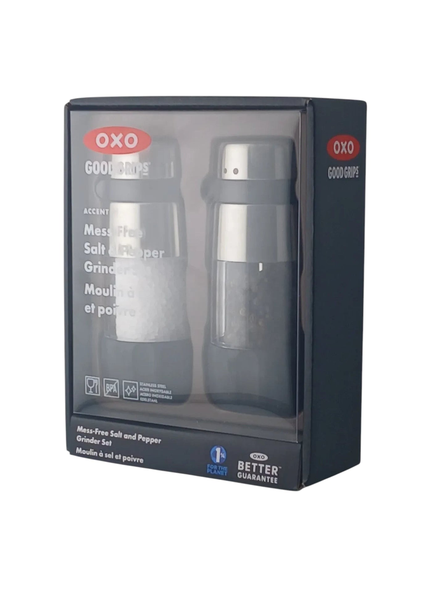 Department Store UK OXO Good Grips mess-free salt and pepper grinder set in retail packaging