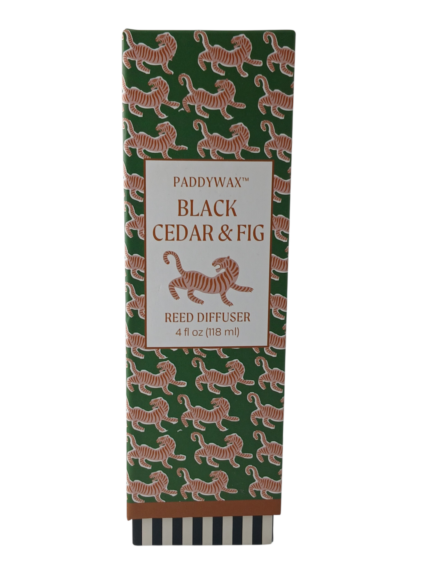 Department Store UK Paddywax Black Cedar & Fig reed diffuser box featuring a green tiger pattern and white label.