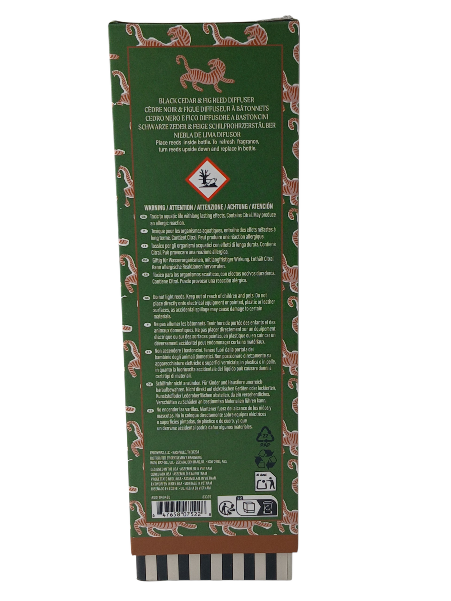 Department Store UK Paddywax Black Cedar & Fig reed diffuser packaging box with tiger motif and safety instructions