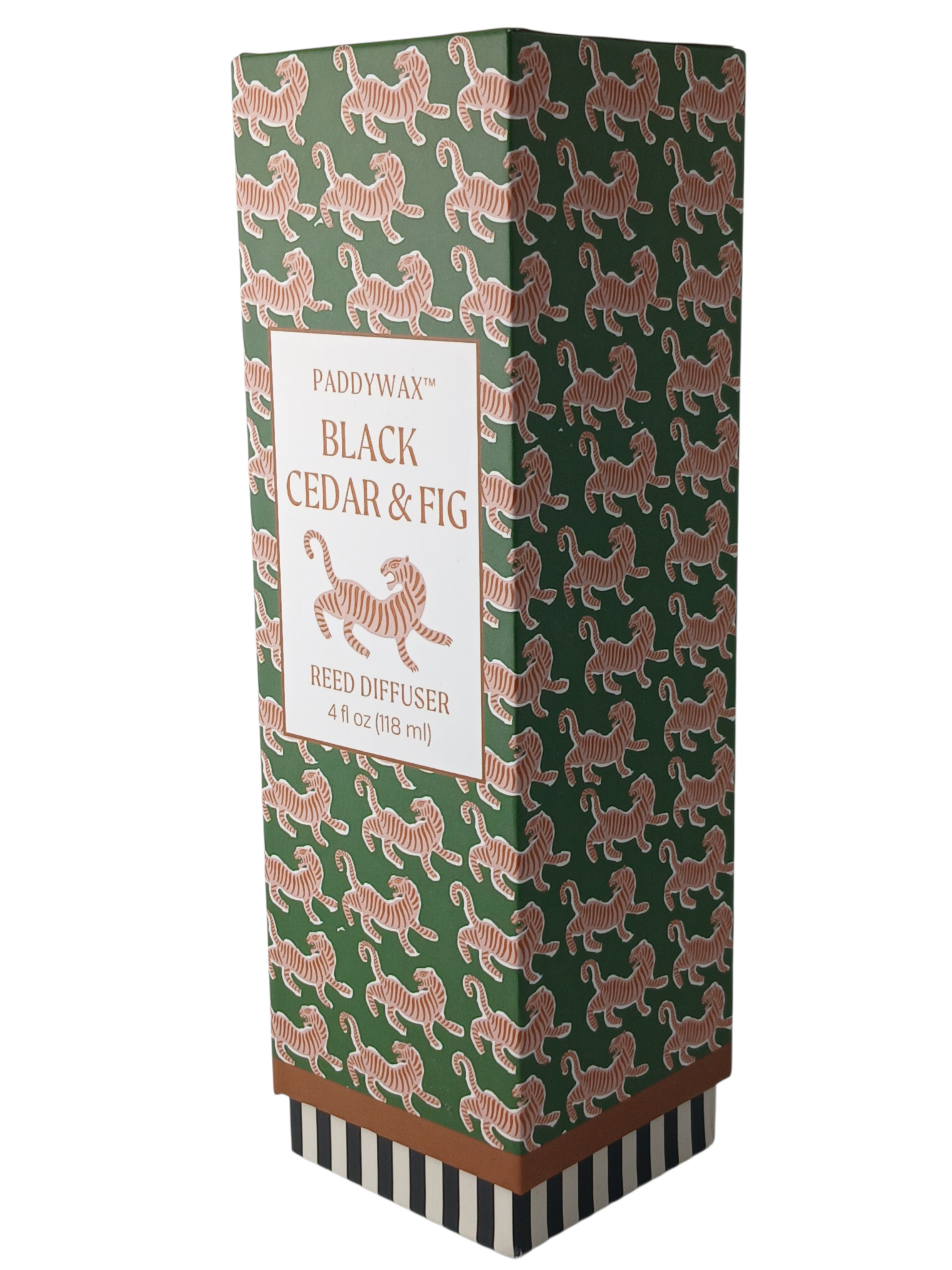 Department Store UK Paddywax Black Cedar & Fig reed diffuser in a green box with a decorative tiger pattern.