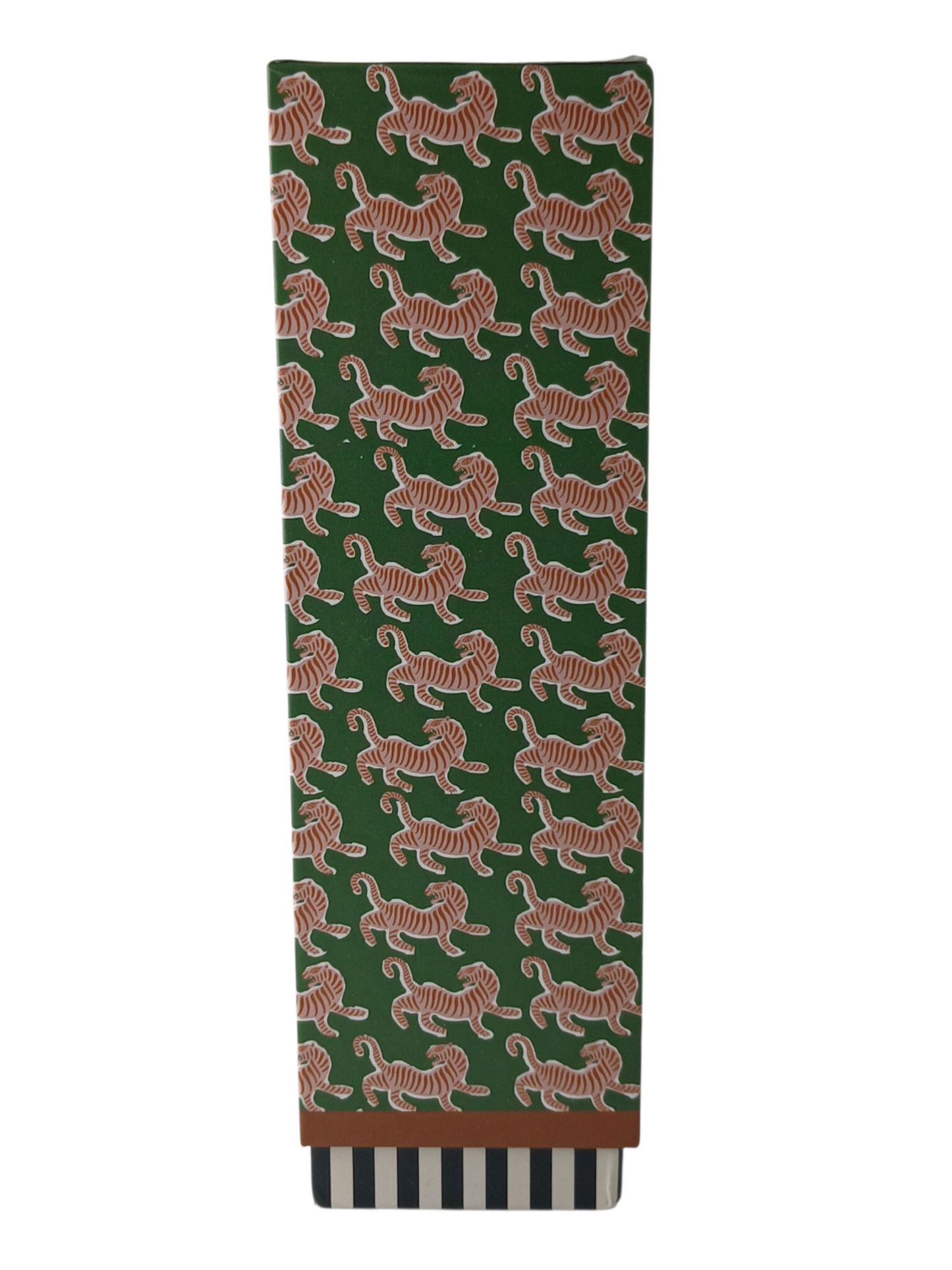 Department Store UK Paddywax reed diffuser box featuring a green background with a repeating orange tiger pattern.