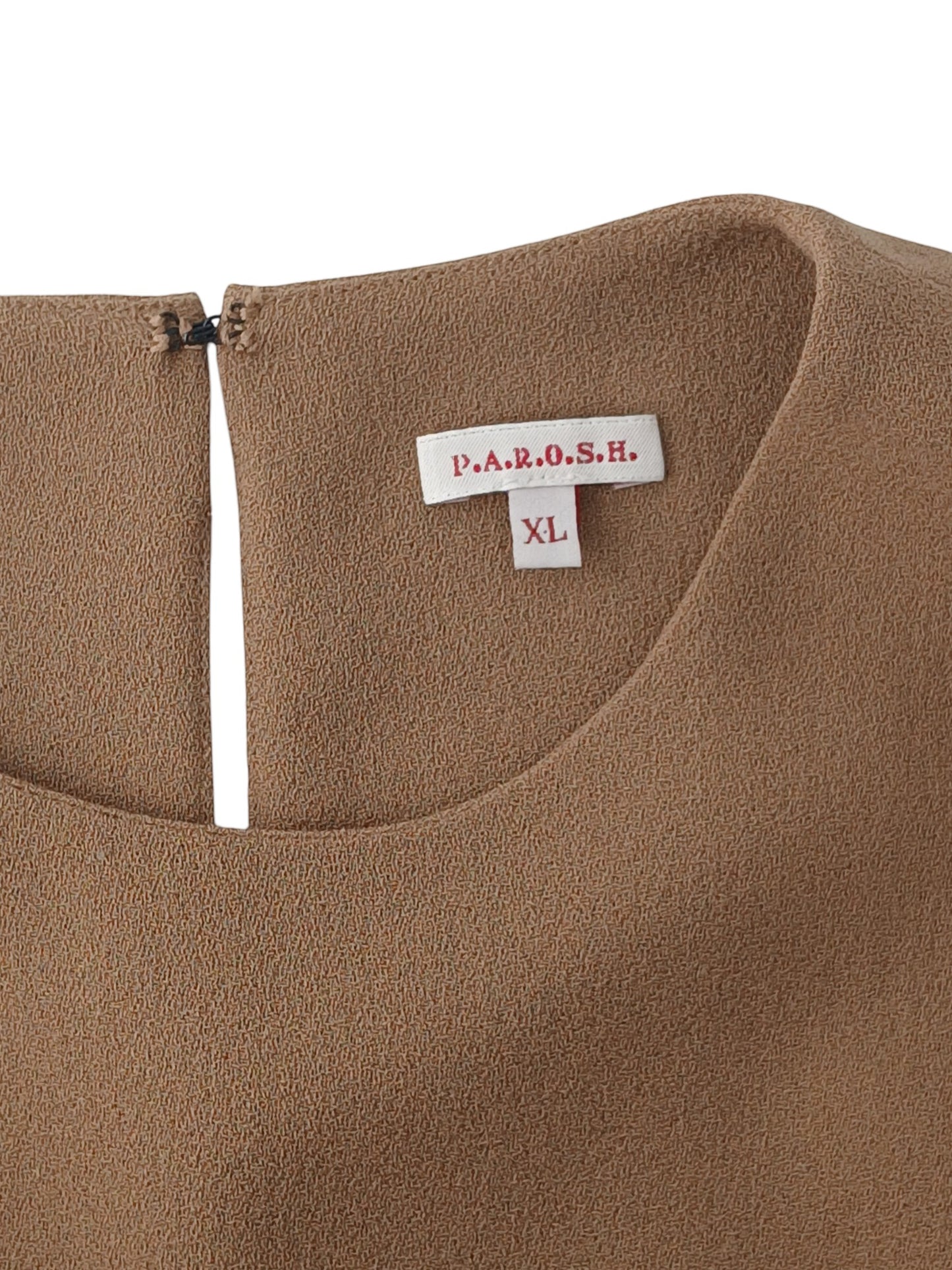 Department Store UK P.A.R.O.S.H. camel sleeveless shift dress label detail showing size XL