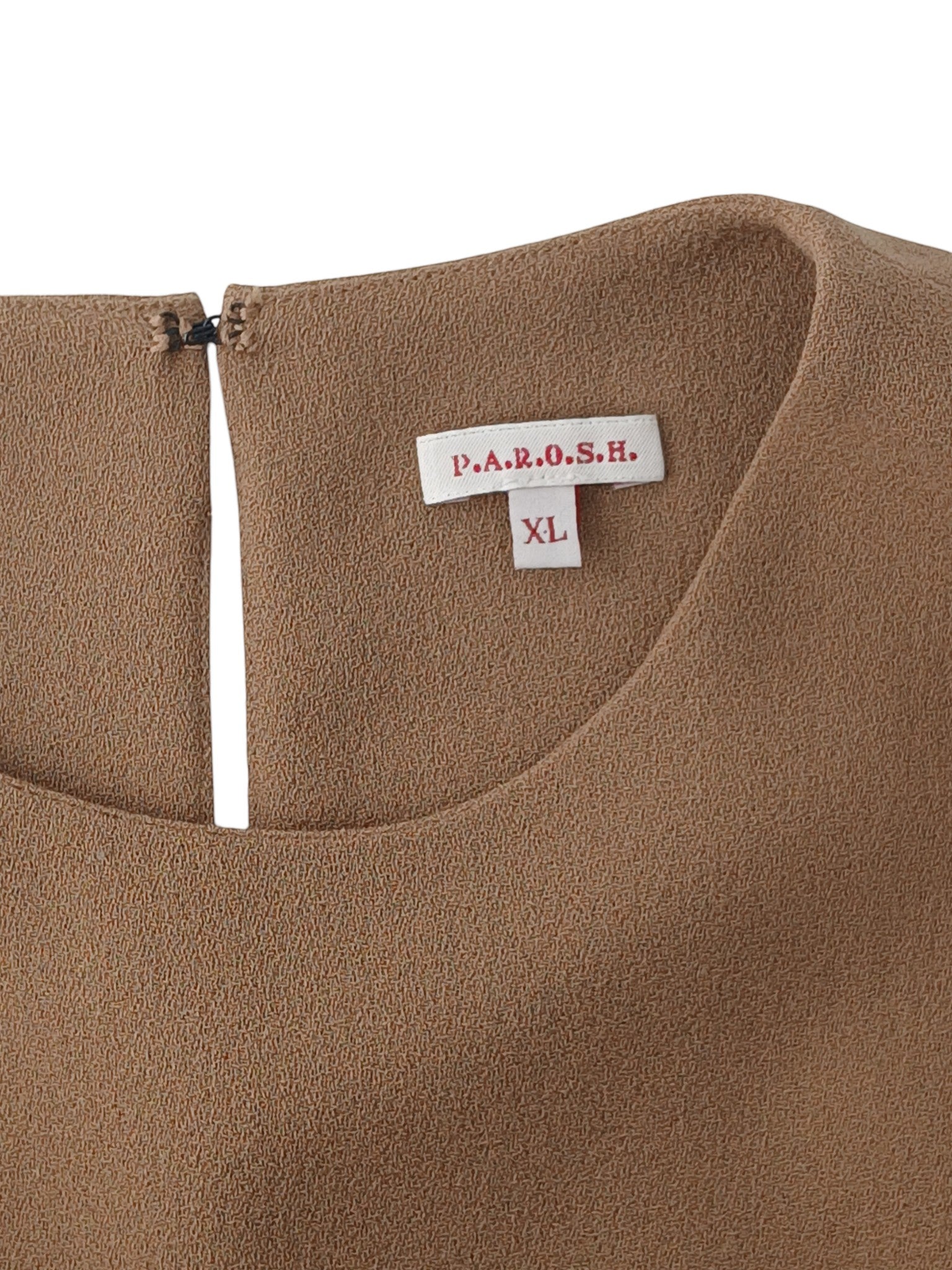 Department Store UK P.A.R.O.S.H. camel sleeveless shift dress label detail showing size XL