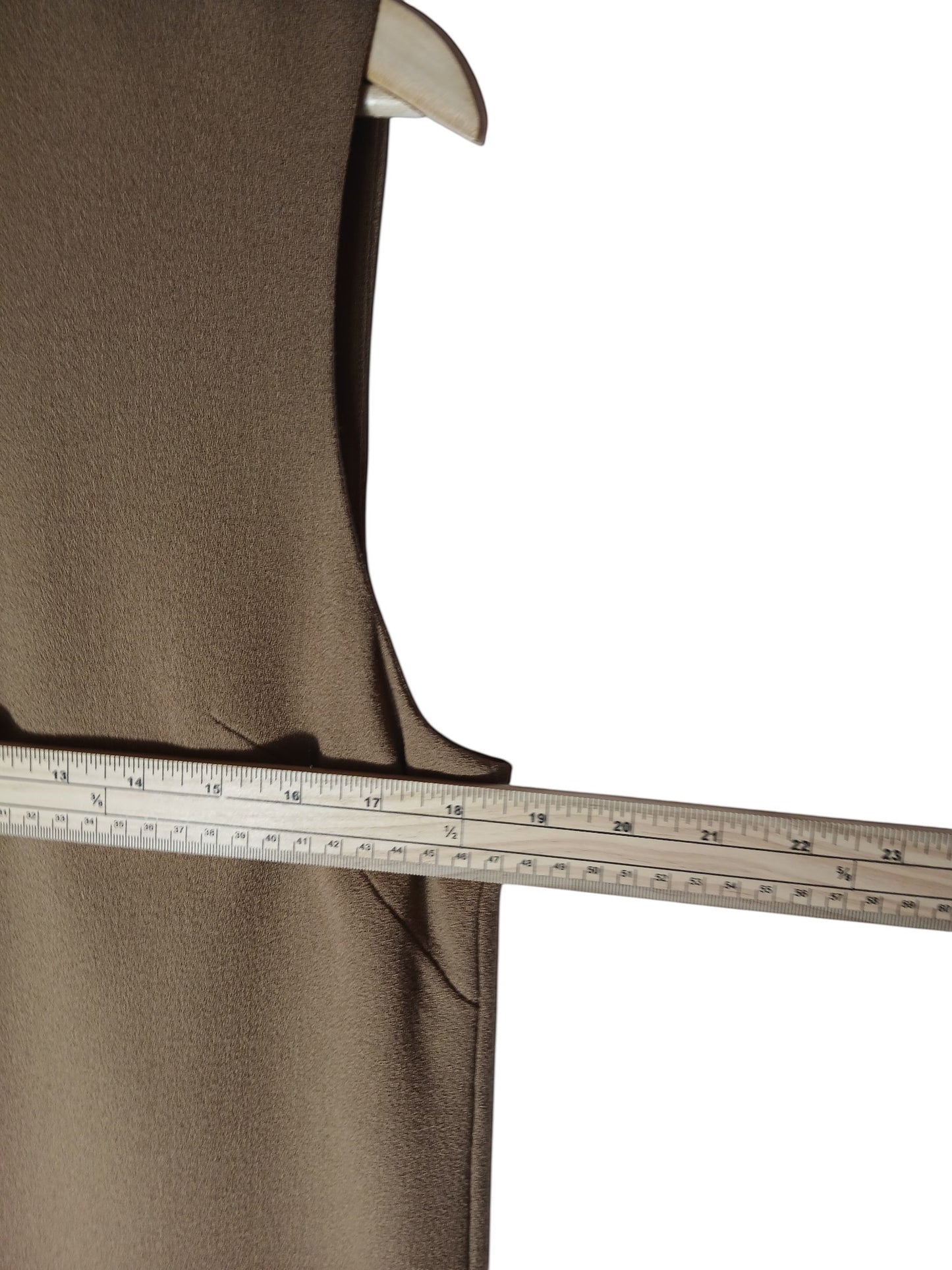 Department Store UK P.A.R.O.S.H. camel sleeveless shift dress being measured with a wooden ruler